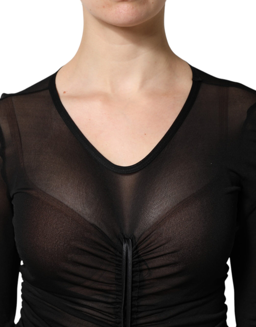 Robe moulante noire Dolce & Gabbana en mesh avec finition élégante, longue silhouette ajustée et style sophistiqué.