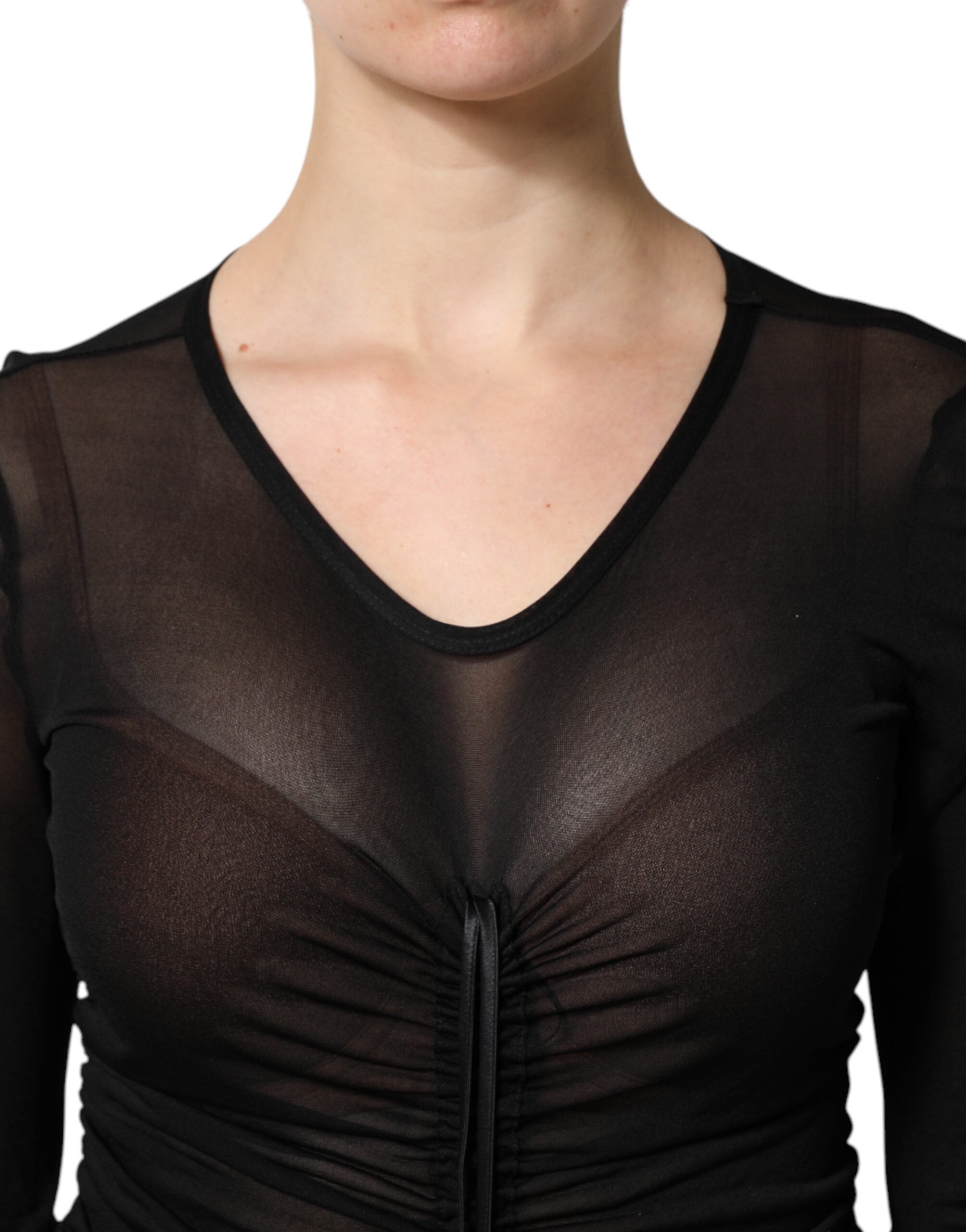 Robe moulante noire Dolce & Gabbana en mesh avec finition élégante, longue silhouette ajustée et style sophistiqué.