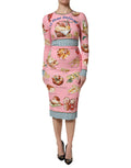 Robe moulante midi Dolce & Gabbana à imprimé pâtisserie rose, élégant vêtement de soirée en tissu fluide.