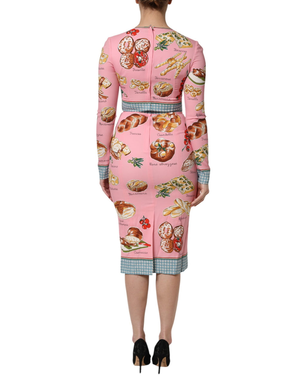Robe moulante midi Dolce & Gabbana rose à motif pâtisserie, élégante et féminine, en tissu fluide avec décolleté en V.