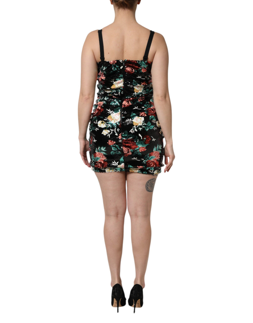 Robe sans manches Dolce & Gabbana noire à sequins floraux, coupe ajustée, avec détails floraux brillants.