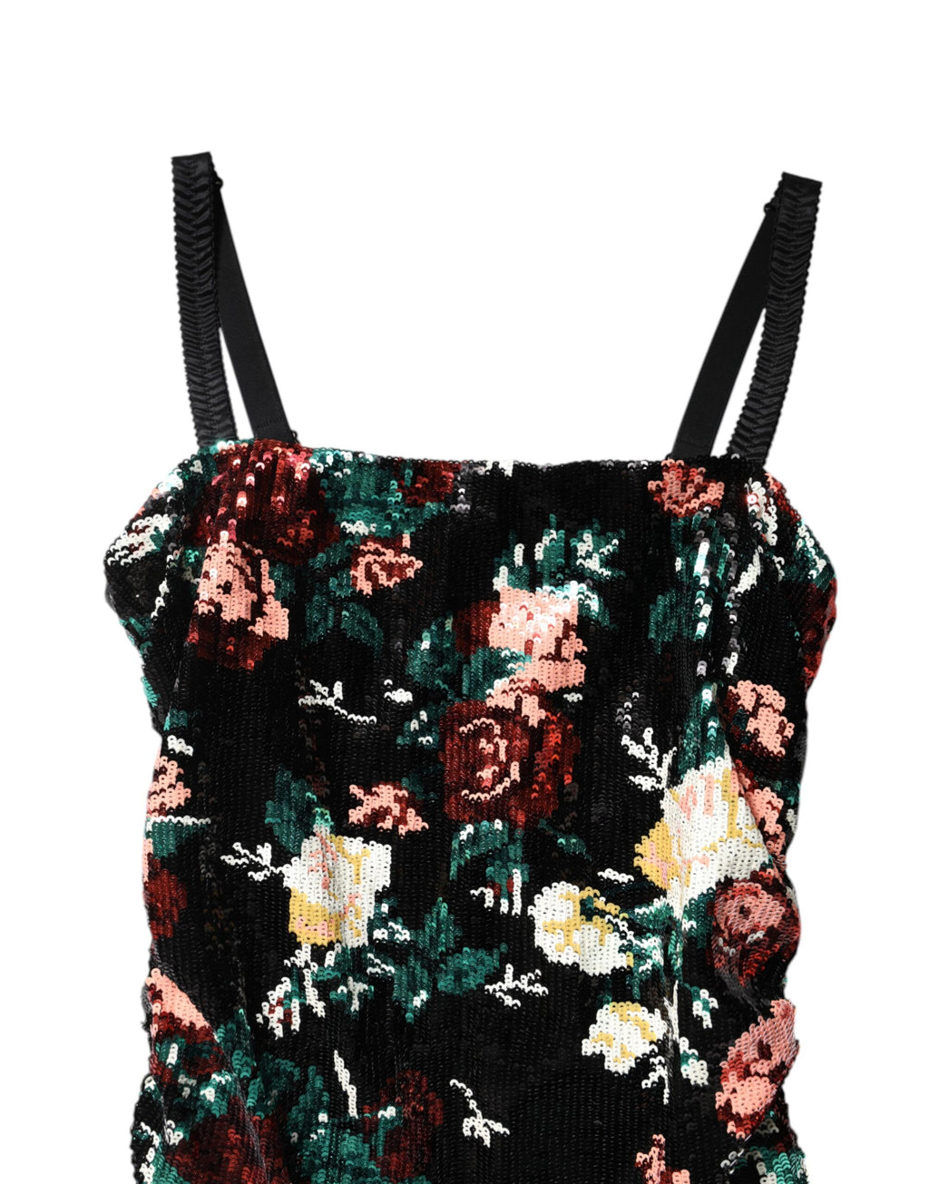 Robe sans manches noire à sequins floraux de Dolce & Gabbana, coupe ajustée et élégante avec détails floraux en sequins.