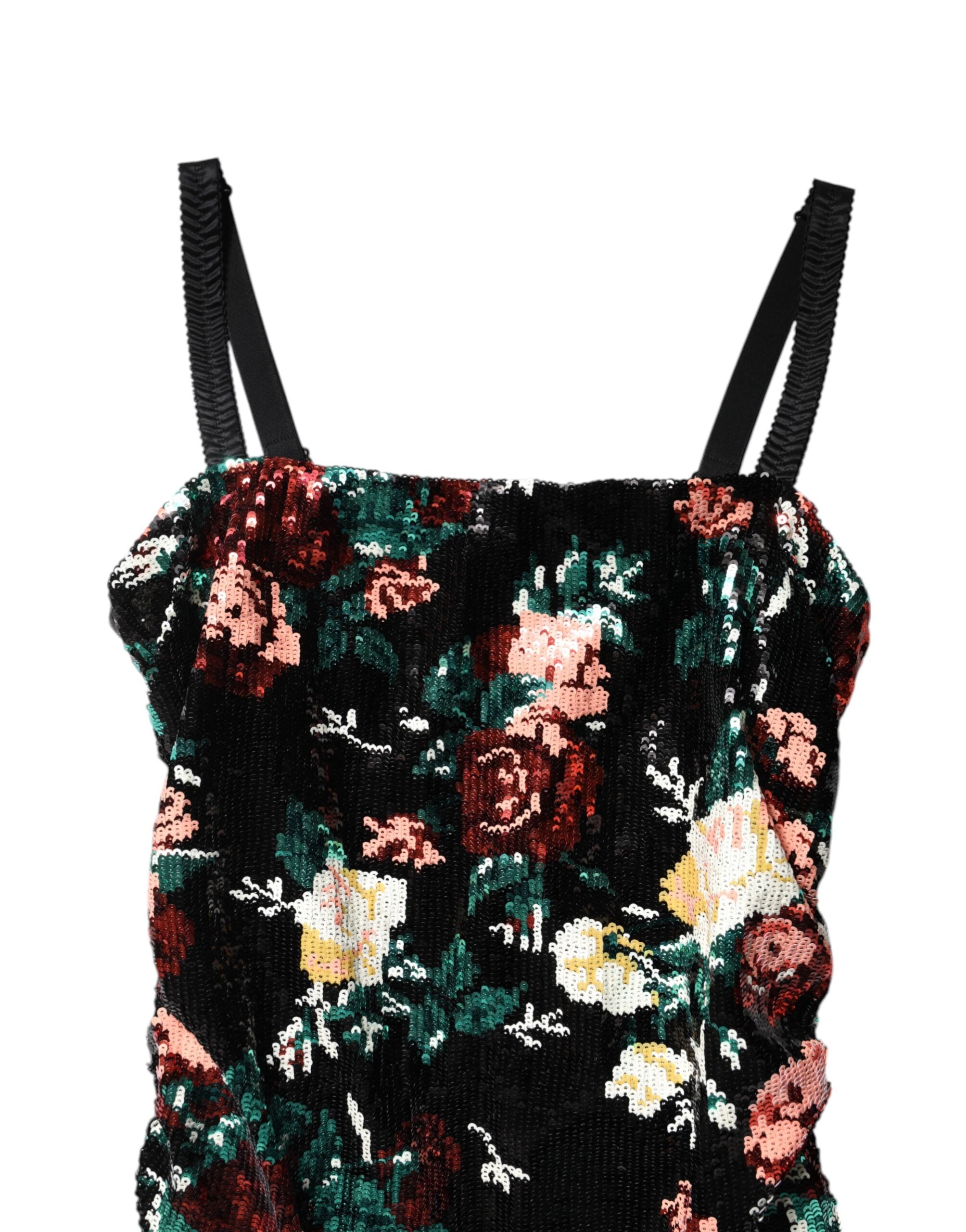 Robe sans manches noire à sequins floraux de Dolce & Gabbana, coupe ajustée et élégante avec détails floraux en sequins.