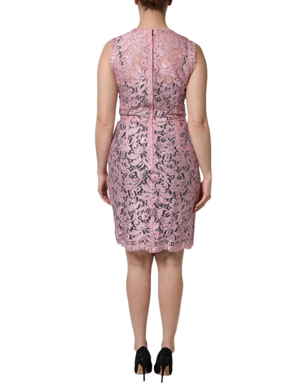 Robe sans manches en dentelle florale rose de Dolce & Gabbana, coupe ajustée et élégante.