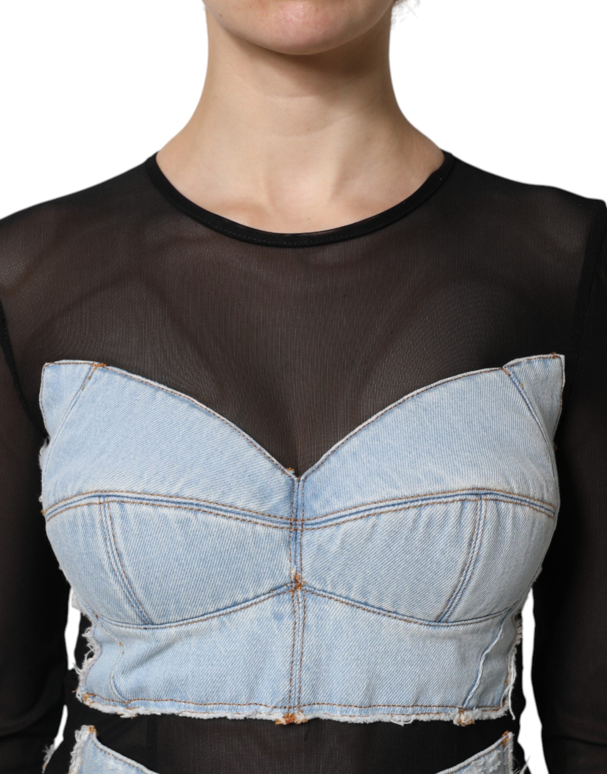 Robe courte en denim noire et bleue à manches longues de Dolce & Gabbana, style élégant et tendance.