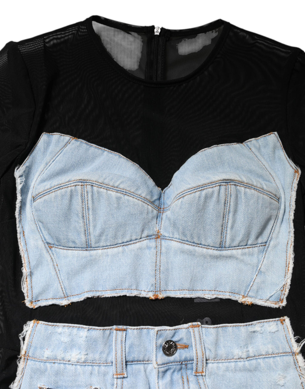 Robe courte en denim noire et bleue à manches longues de Dolce & Gabbana, style élégant et moderne.