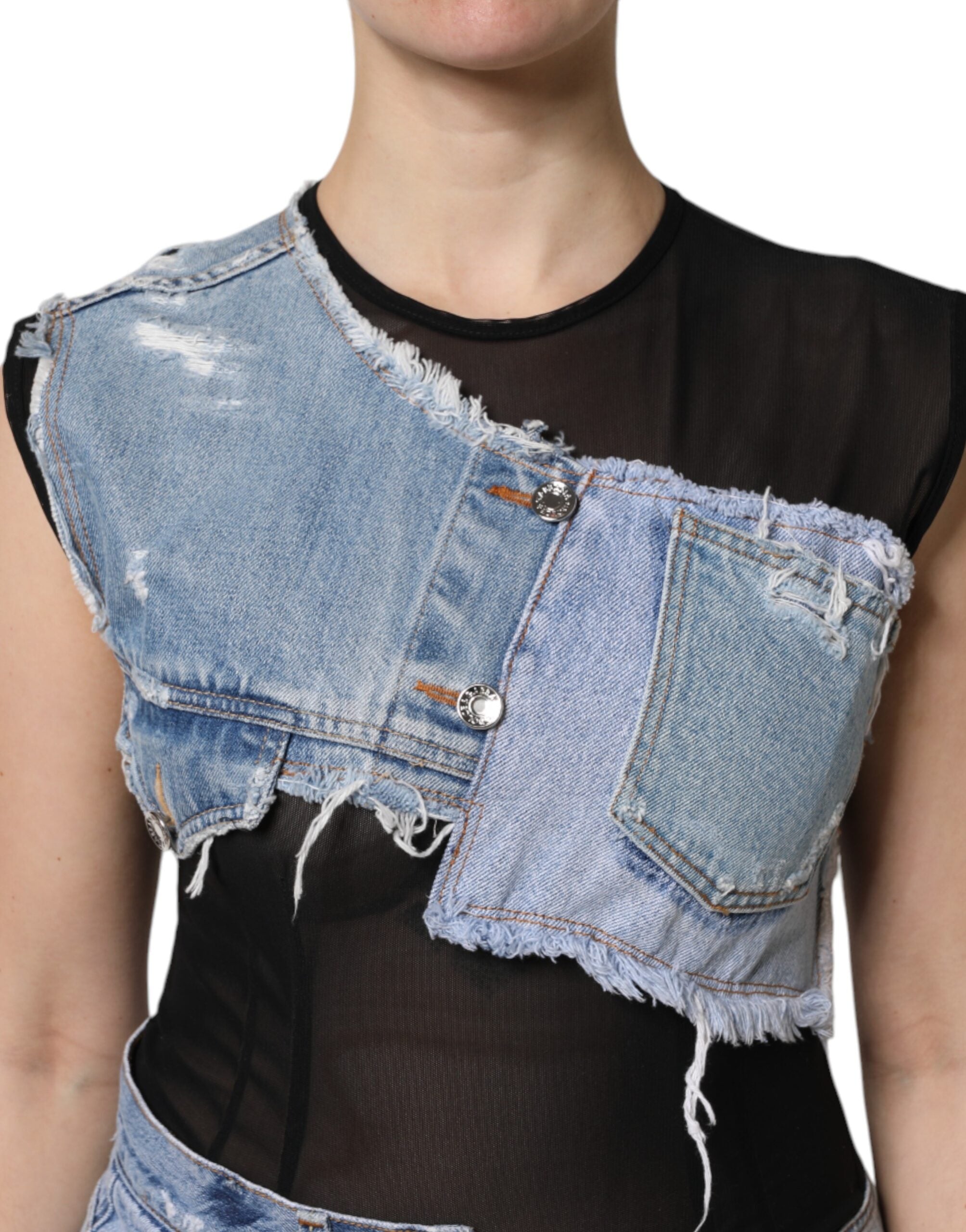 Robe courte en denim sans manches noire et bleue de Dolce & Gabbana, vêtement élégant et tendance.