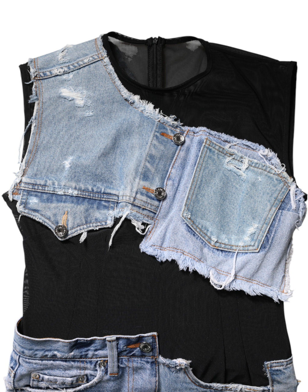 Robe courte en jean sans manches de Dolce & Gabbana, noire et bleue, avec coupe élégante et détails modernes.