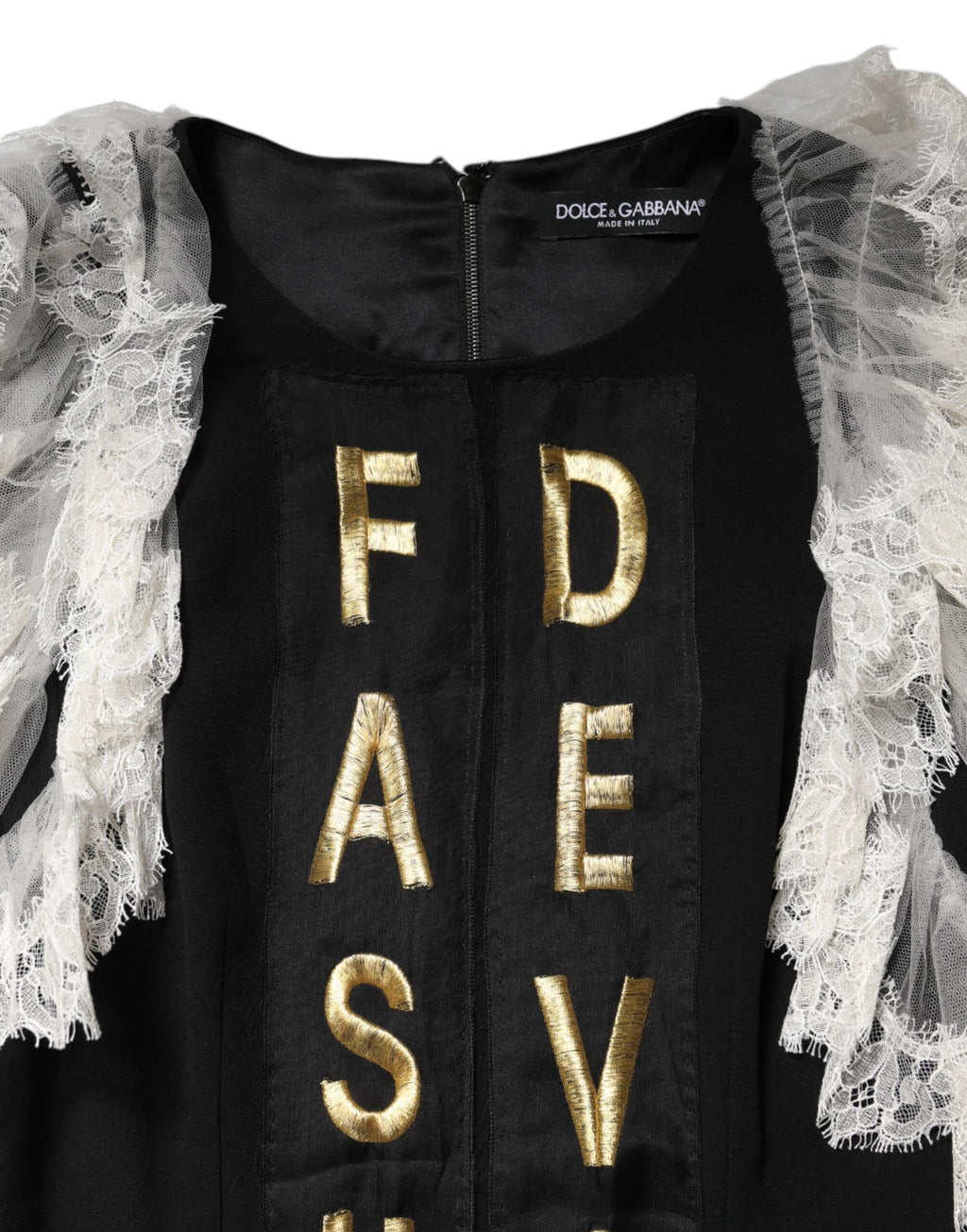 Robe mini noire Dolce & Gabbana Fashion Devotion ornée de détails embellis et de motifs élégants, vue de face.