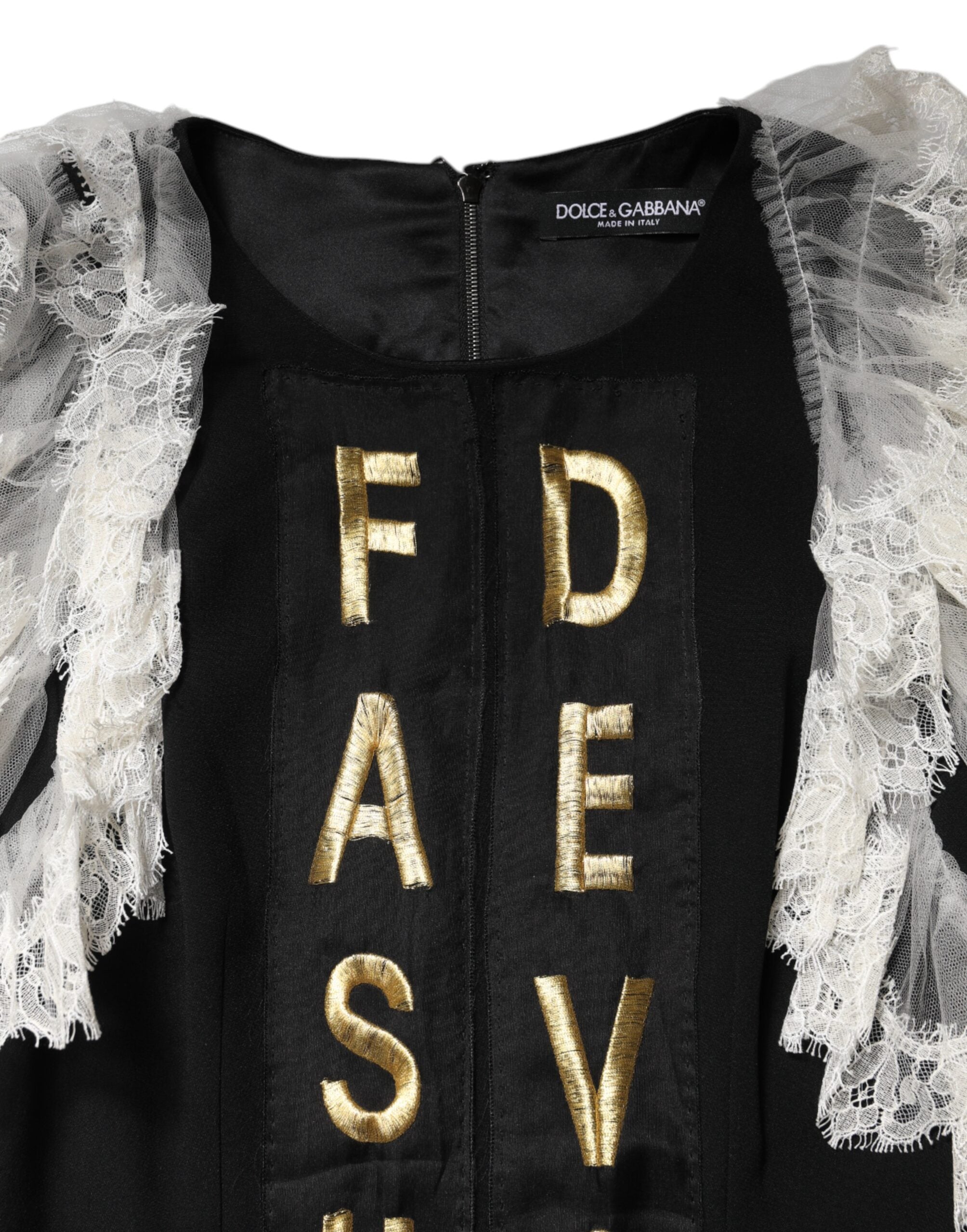 Robe mini noire Dolce & Gabbana Fashion Devotion ornée de détails embellis et de motifs élégants, vue de face.