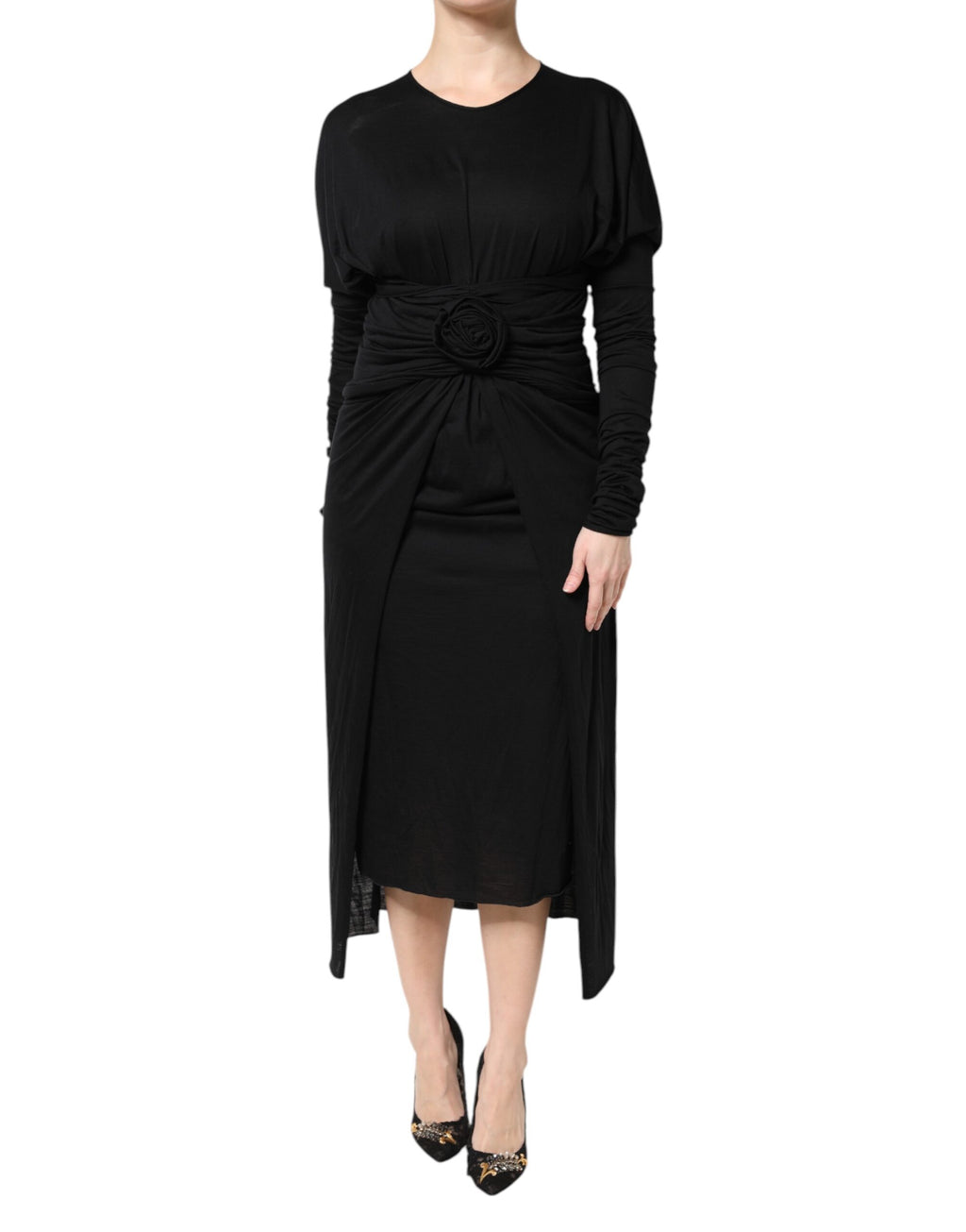 Robe midi noire en laine à manches longues de Dolce & Gabbana, style élégant et sophistiqué, ajustée et flatteuse.