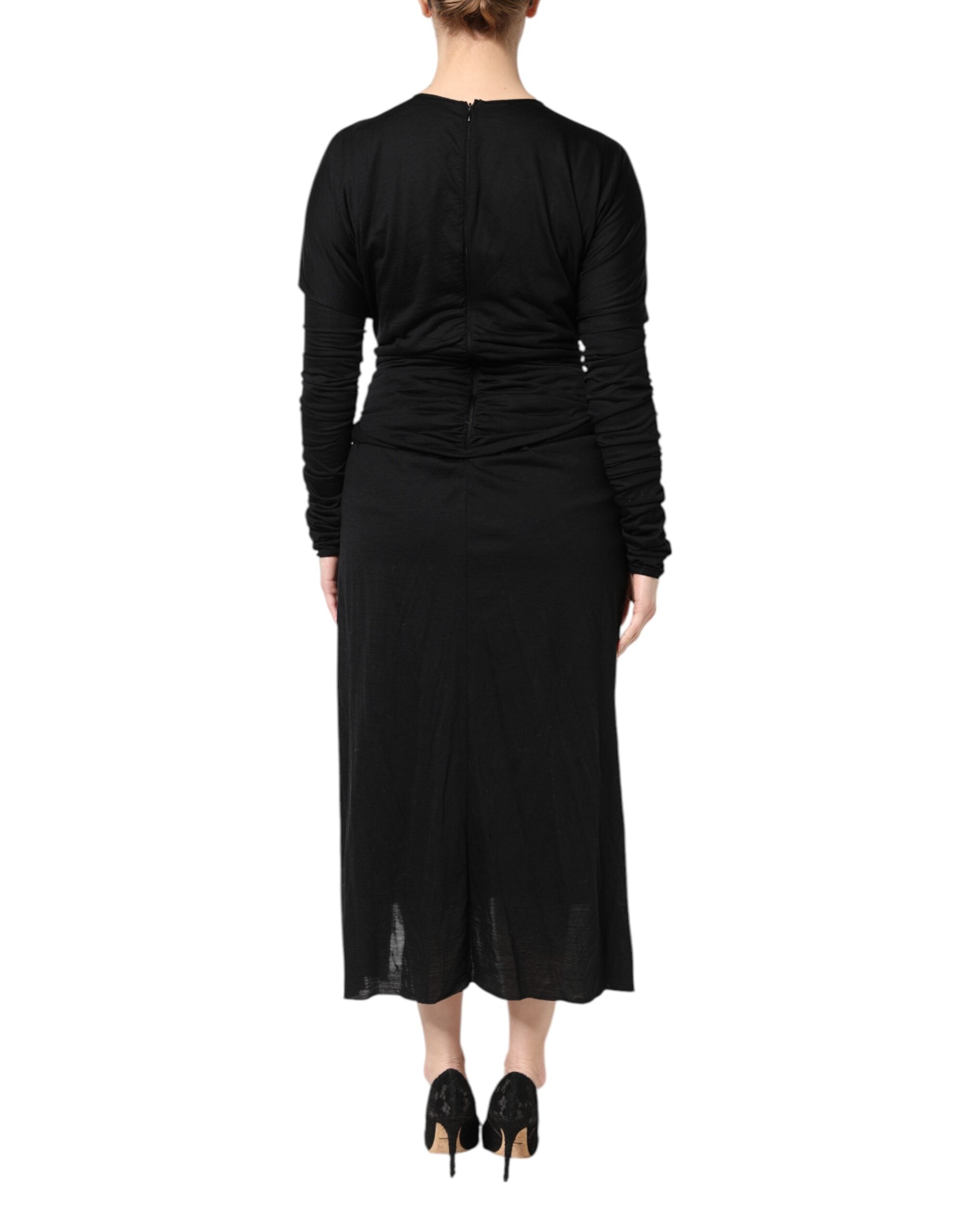 Robe midi noire en laine à manches longues de Dolce & Gabbana, coupe ajustée et élégante pour femme.