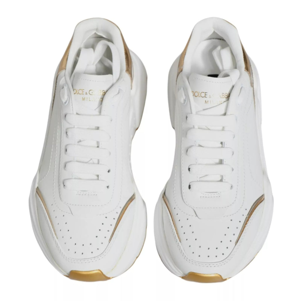 Baskets basses Dolce & Gabbana Daymaster en or blanc, chaussures de sport élégantes en cuir blanc avec détails dorés.