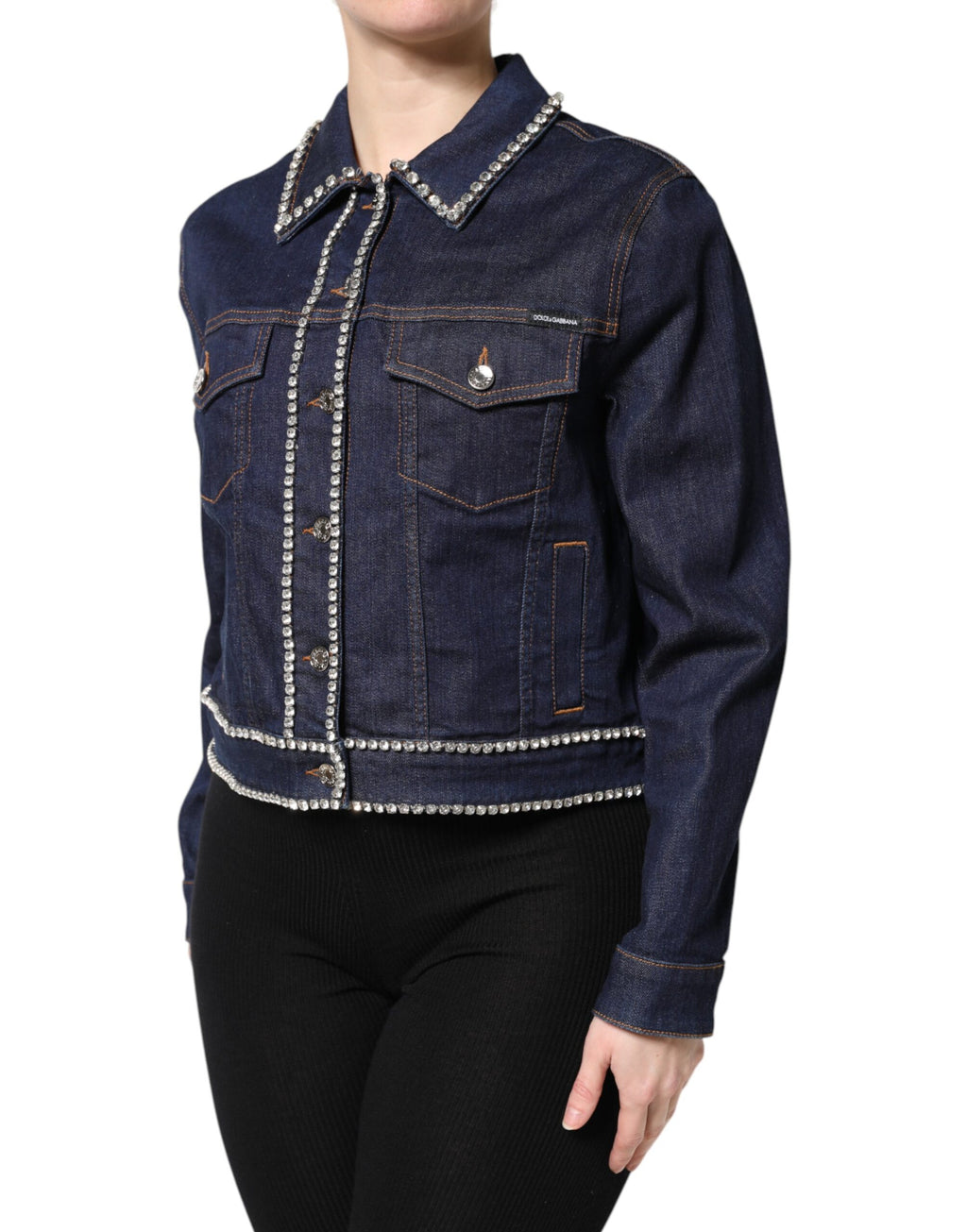 Veste en denim bleu Dolce & Gabbana en coton avec embellissements en cristal, style élégant et tendance.