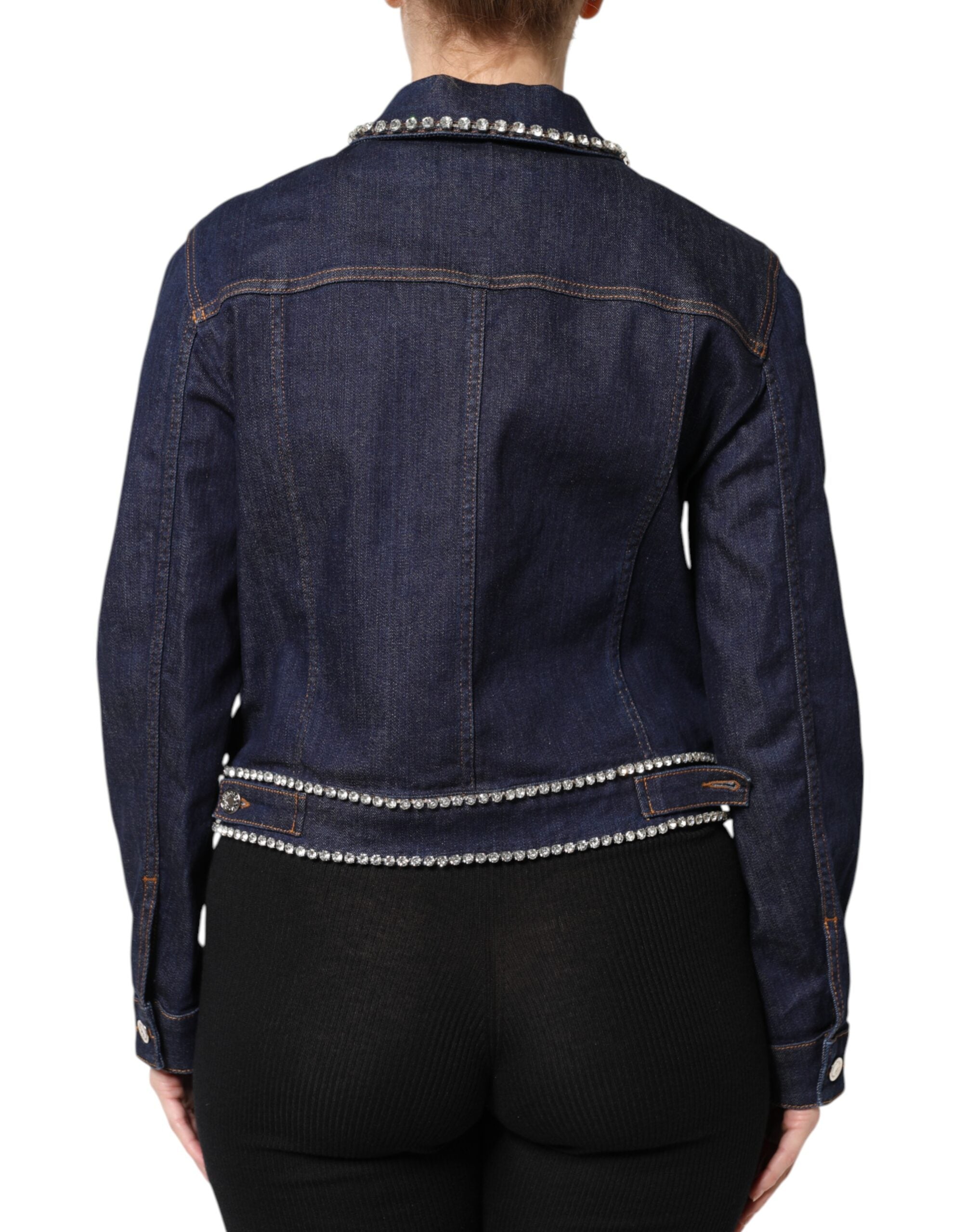 Veste en denim bleu en coton Dolce & Gabbana avec embellissements en cristal, élégante et sophistiquée.