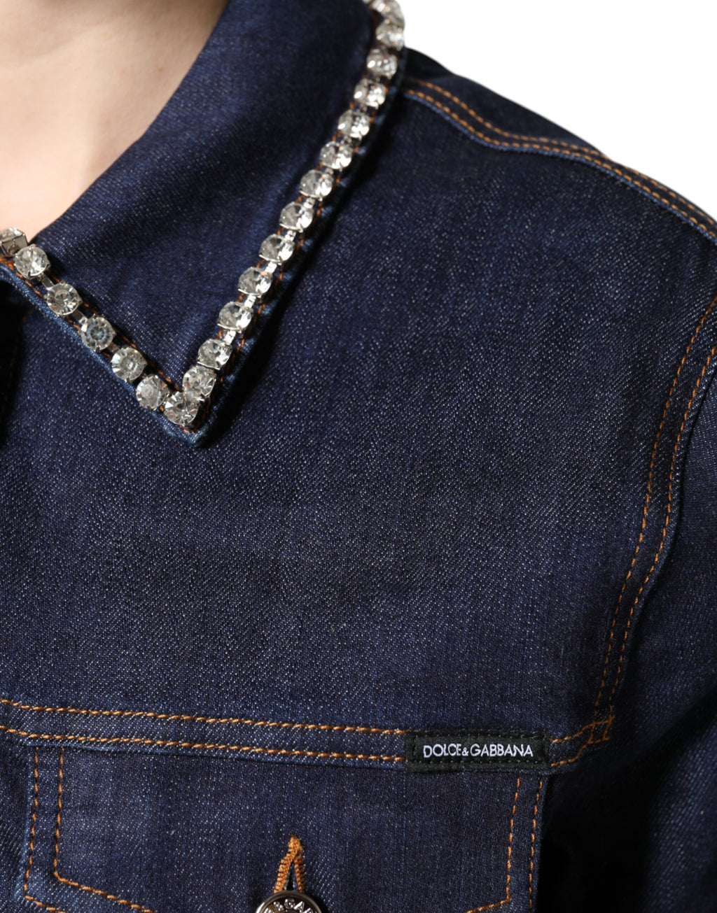 Veste en denim bleu en coton de Dolce & Gabbana ornée de cristaux brillants et embellissements élégants.