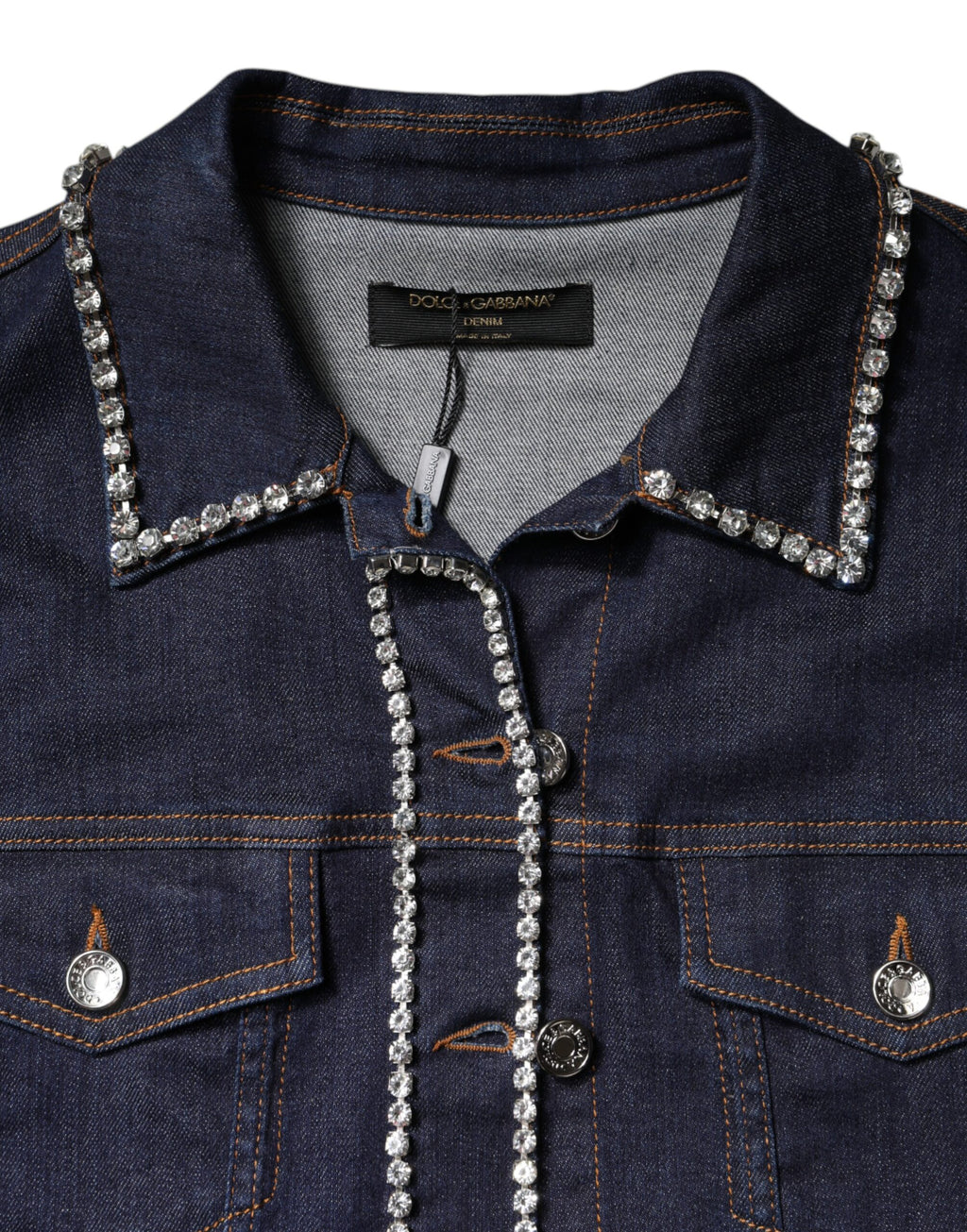 Veste en denim bleu Dolce & Gabbana en coton avec embellissements en cristal, élégante et tendance.