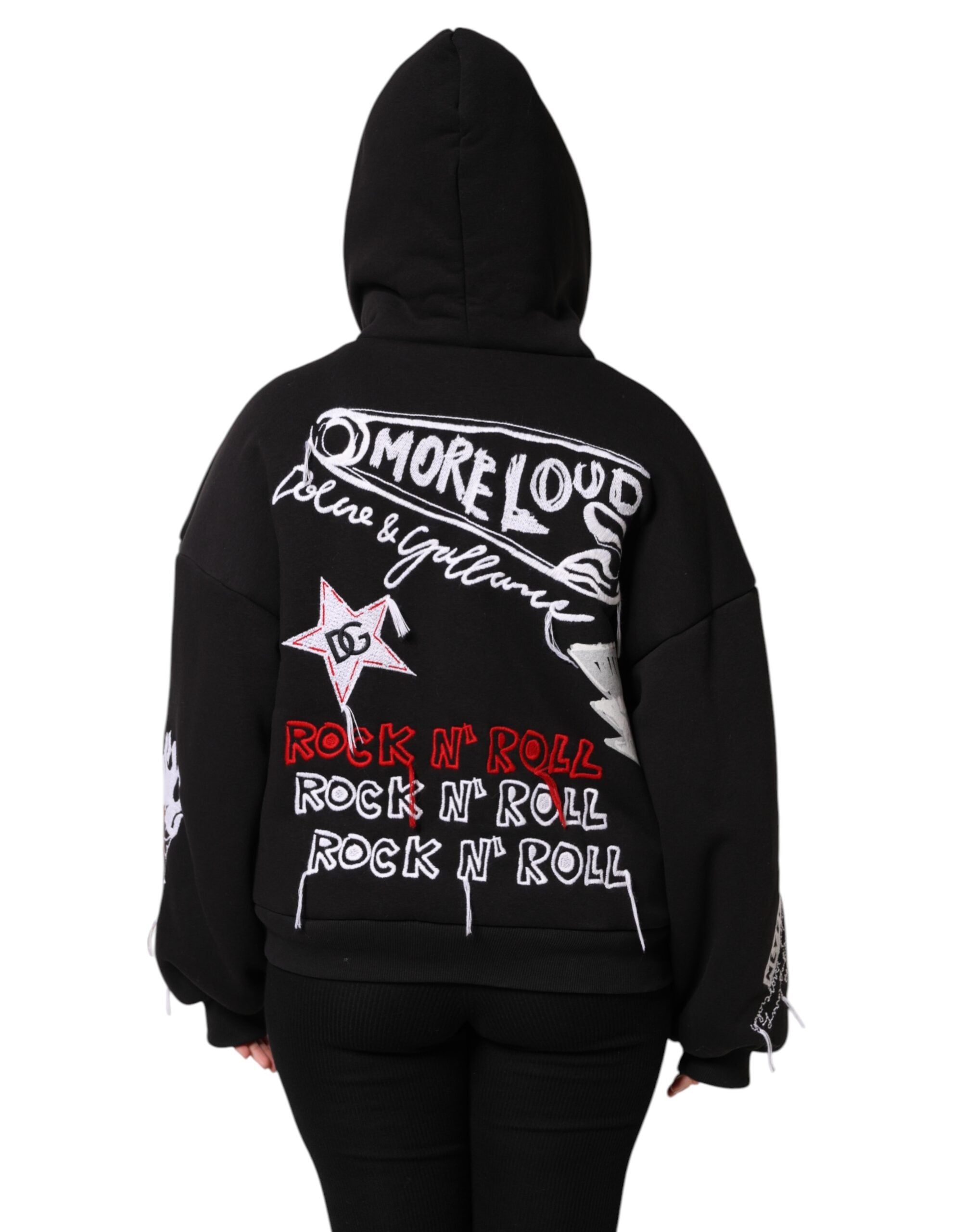 Veste à capuche noire Dolce & Gabbana avec broderies, fermeture éclair complète, style décontracté et élégant.