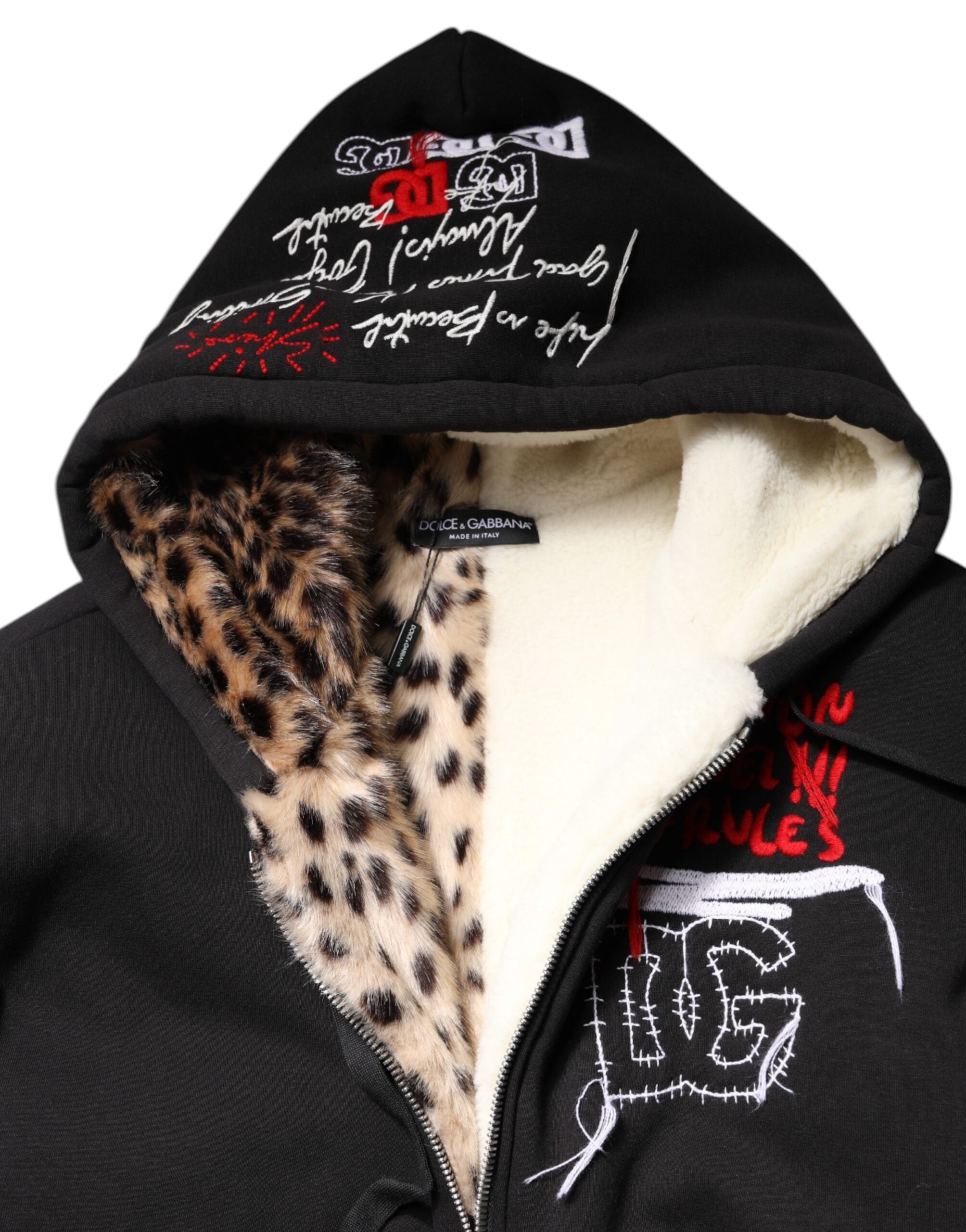 Veste à capuche noire Dolce & Gabbana avec broderies et fermeture éclair complète, design élégant et mode masculine.