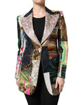 Veste en jacquard Dolce & Gabbana à motifs floraux multicolores et patchwork, détails visibles en tissu riche et coloré.