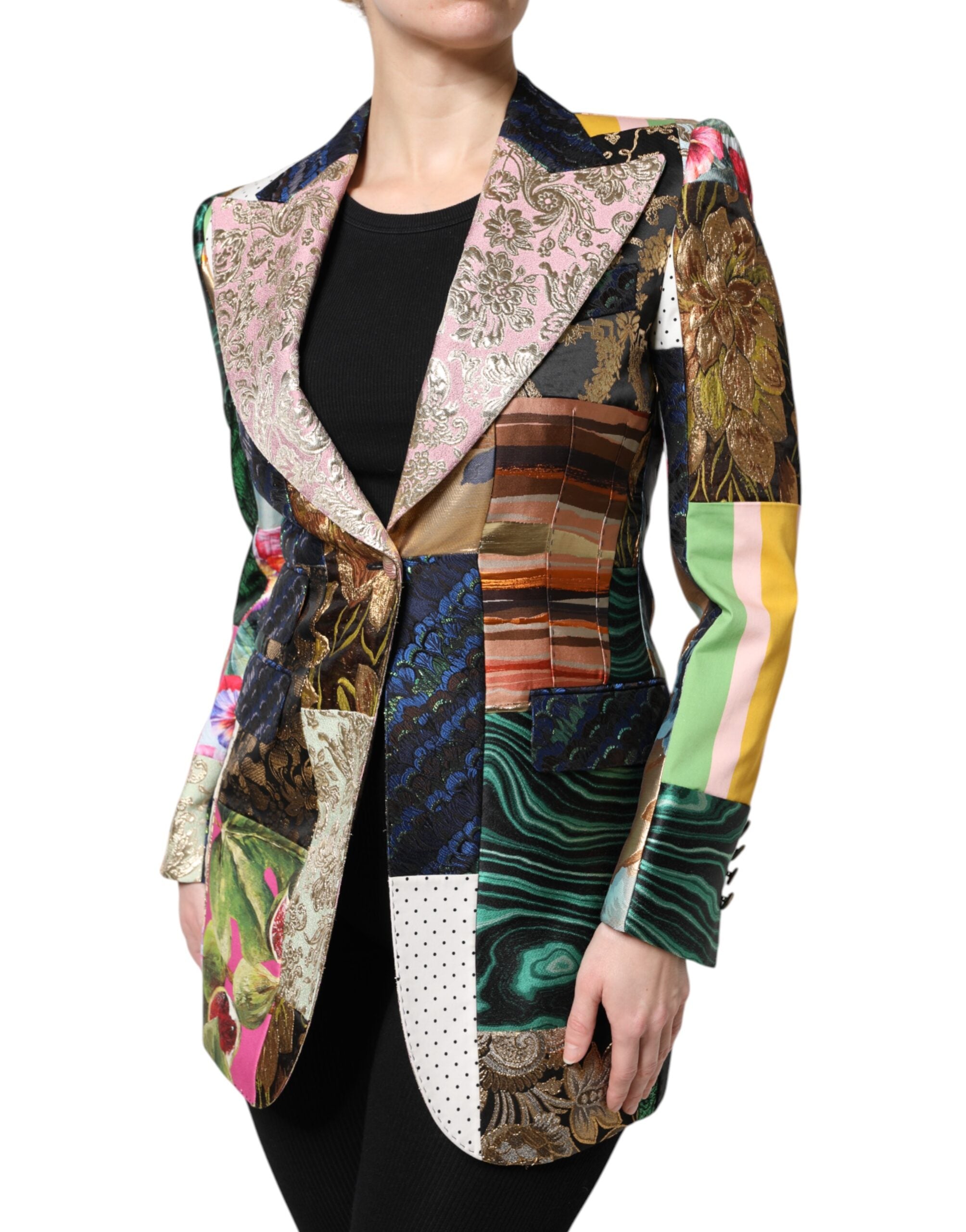 Veste en jacquard à patchwork floral multicolore de Dolce & Gabbana, tissu élégant avec motifs floraux colorés.