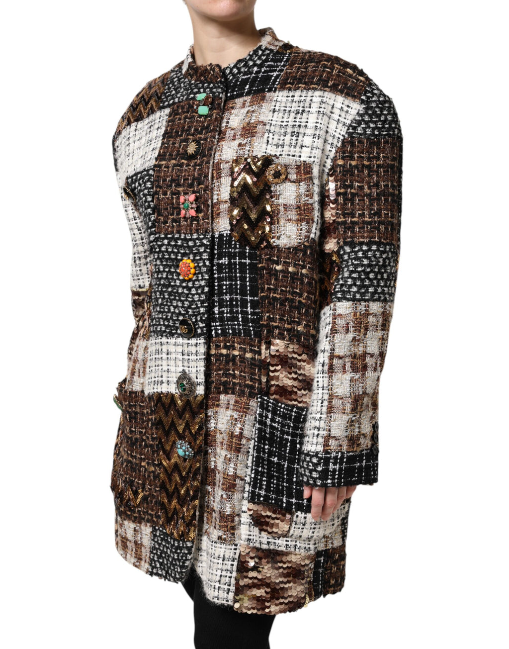 Veste à boutons Dolce & Gabbana en patchwork multicolore, style décontracté avec motifs colorés et détails sophistiqués.