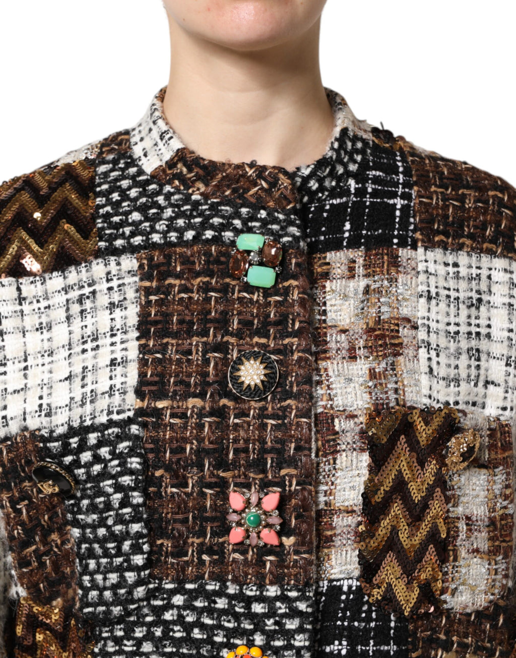 Veste à manches longues Dolce & Gabbana en patchwork multicolore avec boutons, style tendance et design coloré.