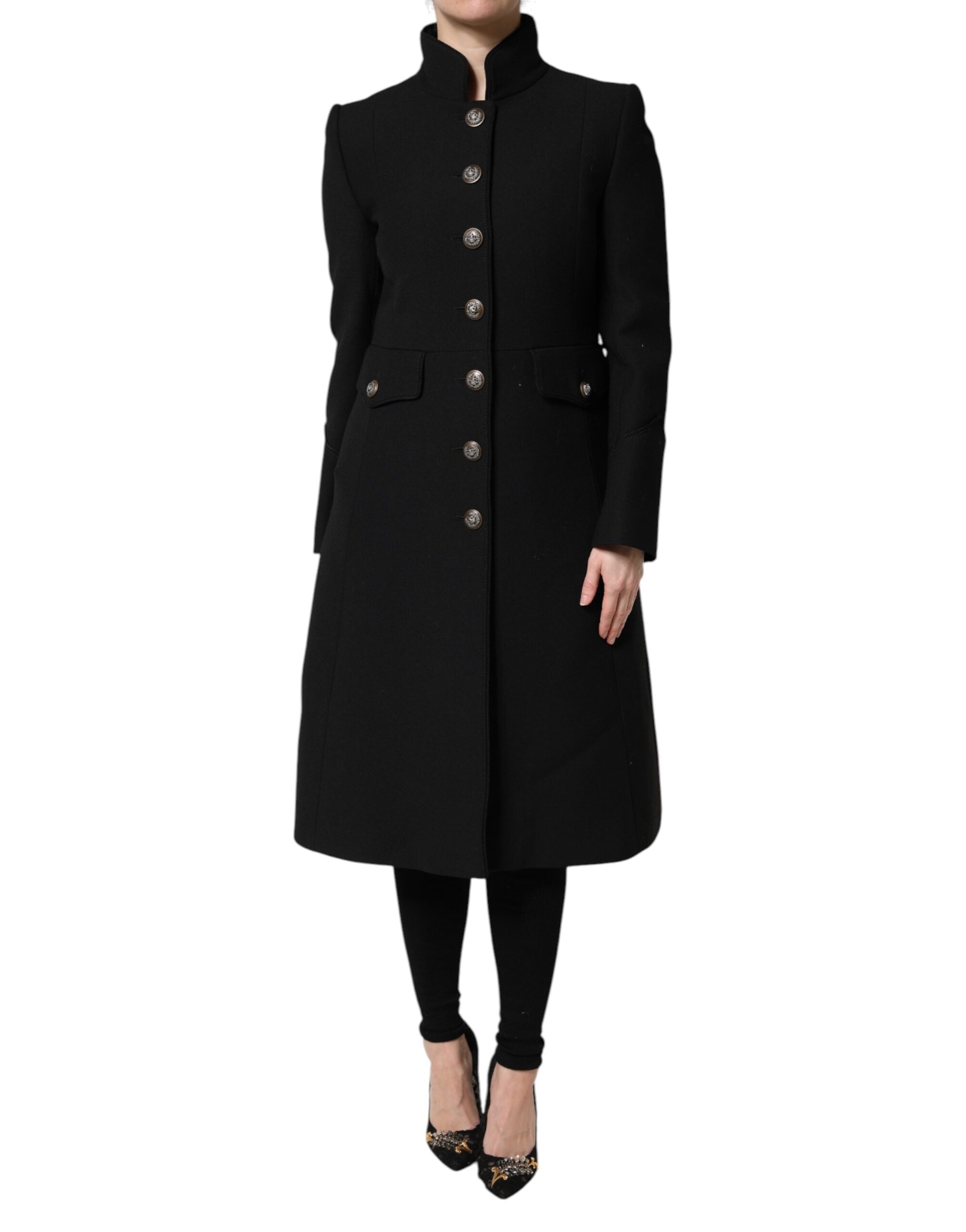 Manteau trench en laine noire Dolce & Gabbana, coupe simple boutonnage devant, style élégant et classique.