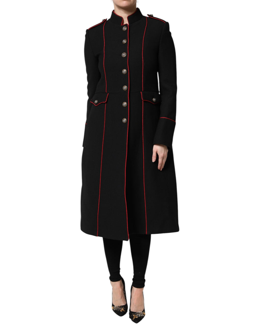 Manteau trench en laine noire Dolce & Gabbana, veste à un seul boutonnage, style élégant et sophistiqué.