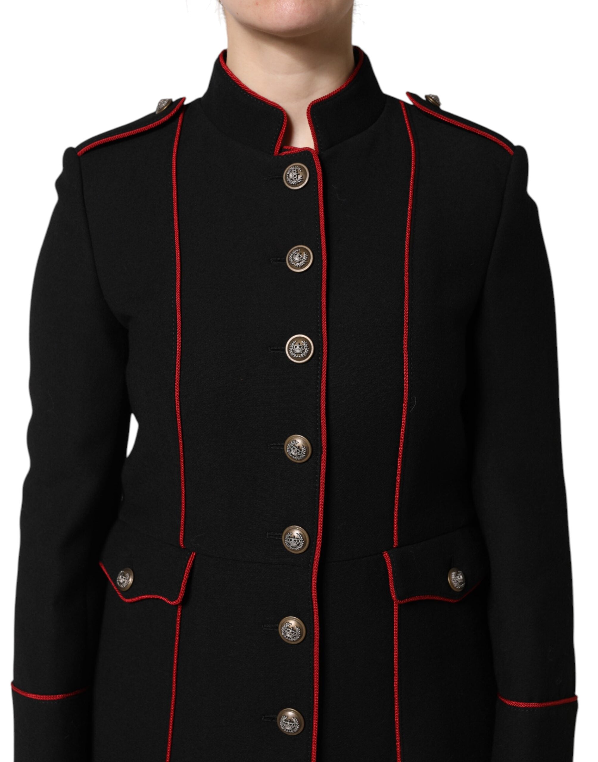 Manteau trench en laine noire Dolce & Gabbana à boutonnière simple, style élégant et classique pour femmes.