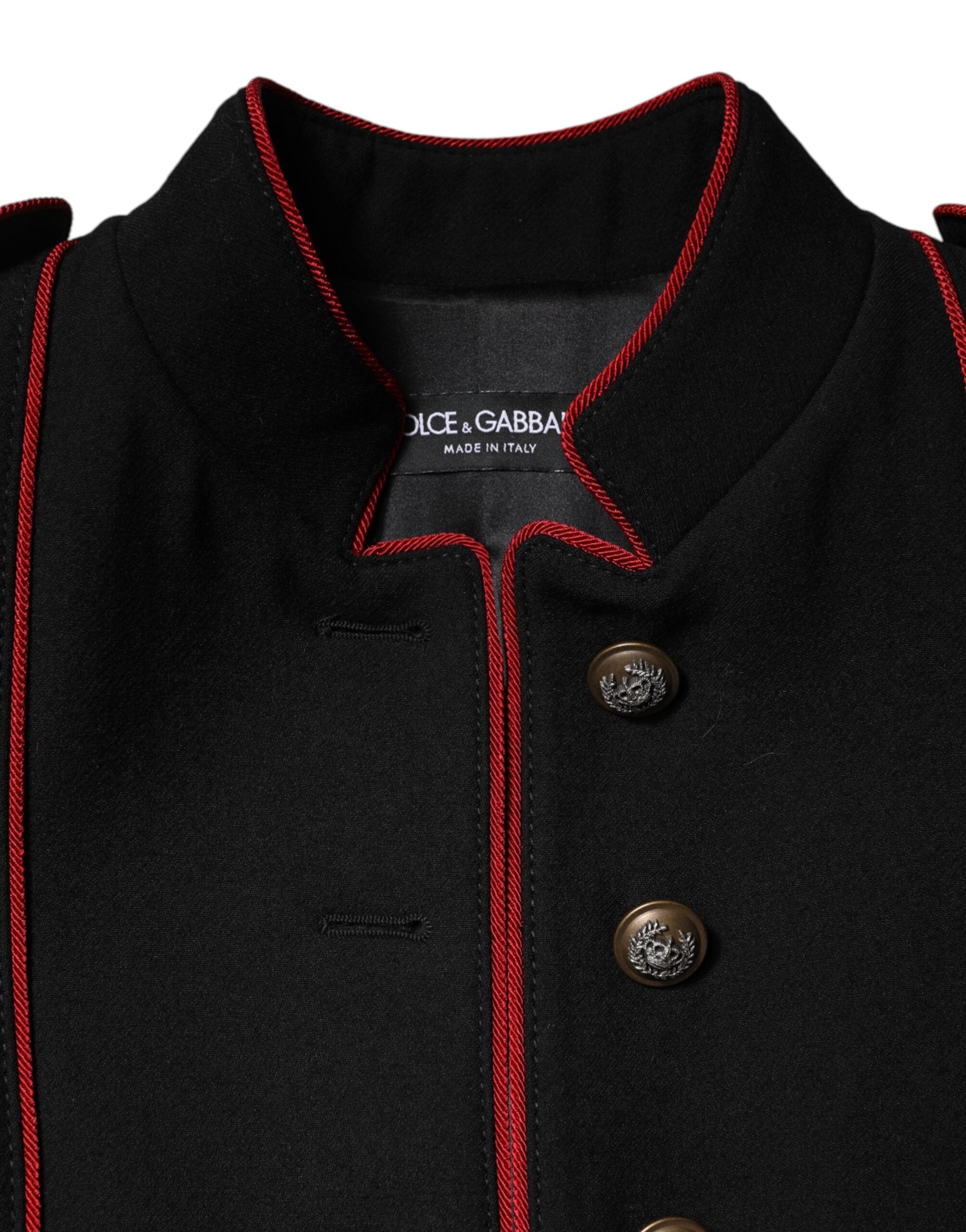Manteau trench en laine noire à simple boutonnage de Dolce & Gabbana, veste élégante avec col et poches latérales.