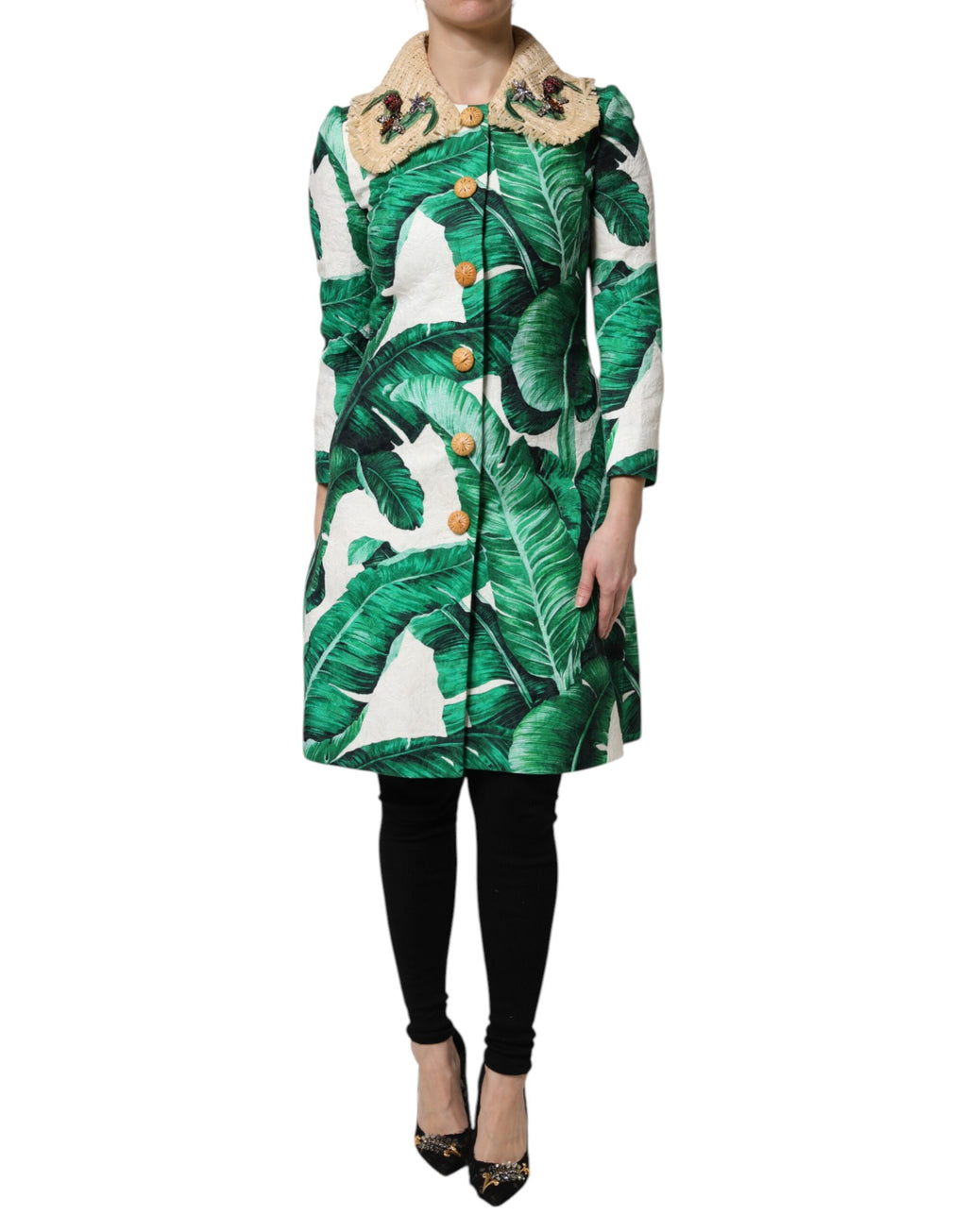 Manteau trench à imprimé feuilles multicolores et ornements Dolce & Gabbana, style élégant et sophistiqué.