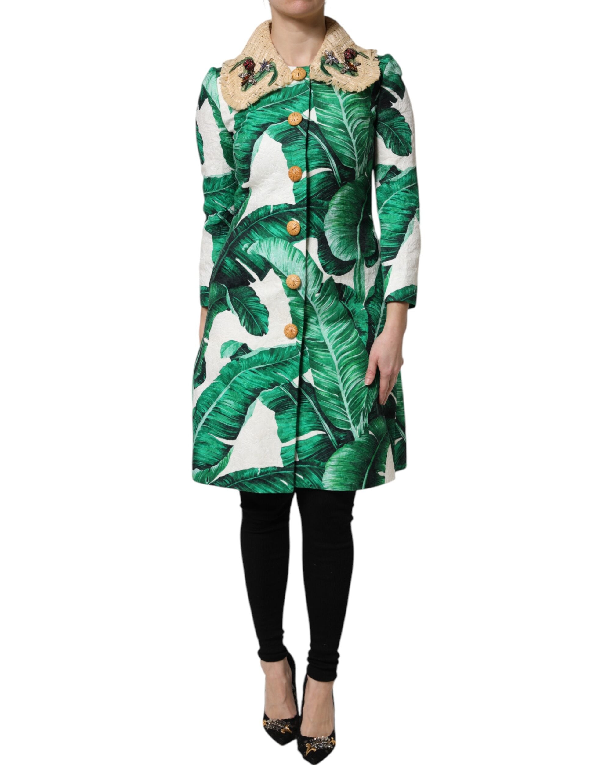 Manteau trench à imprimé feuilles multicolores et ornements Dolce & Gabbana, style élégant et sophistiqué.