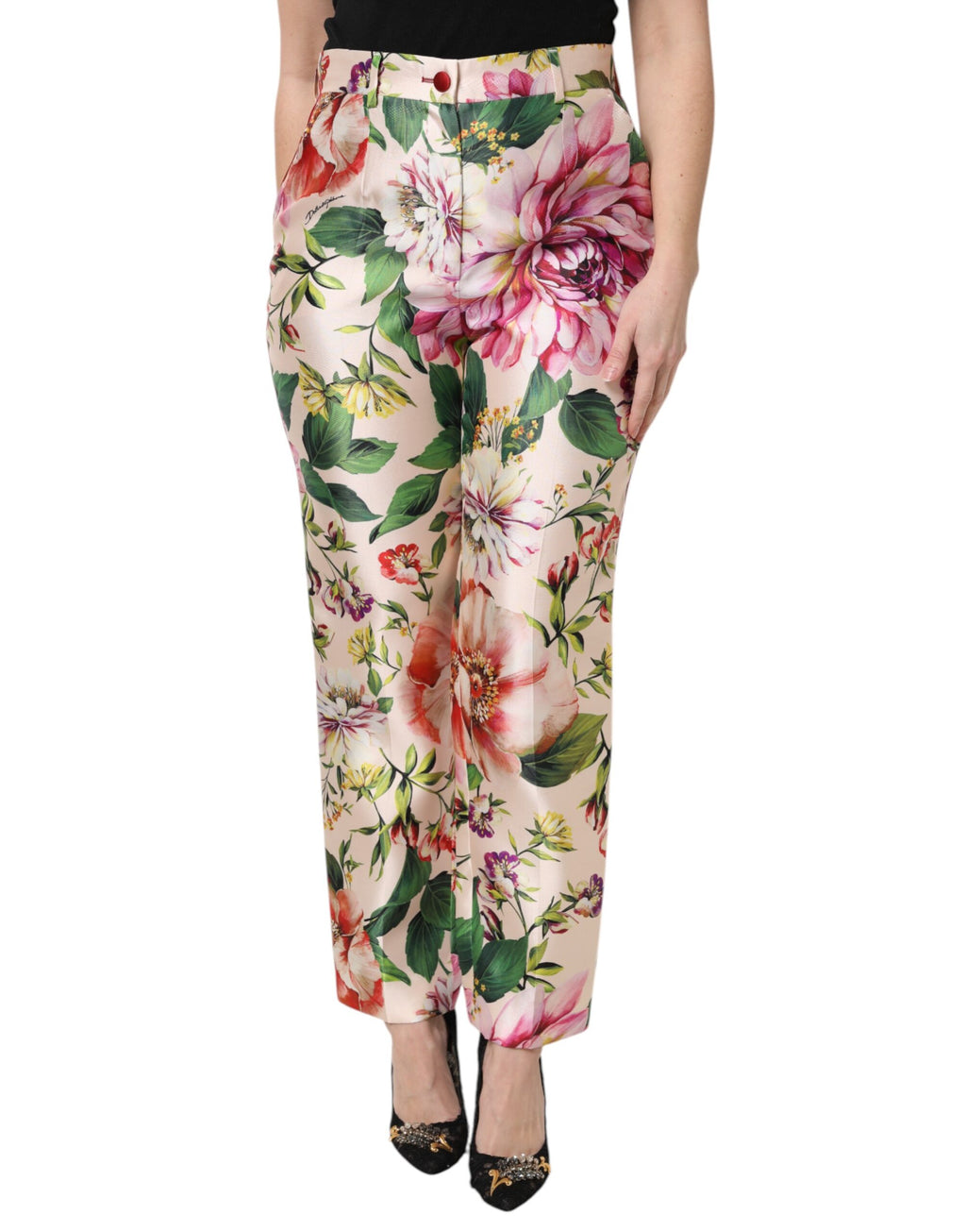 Pantalon droit à taille haute Dolce & Gabbana à motifs floraux multicolores, style élégant et tendance.