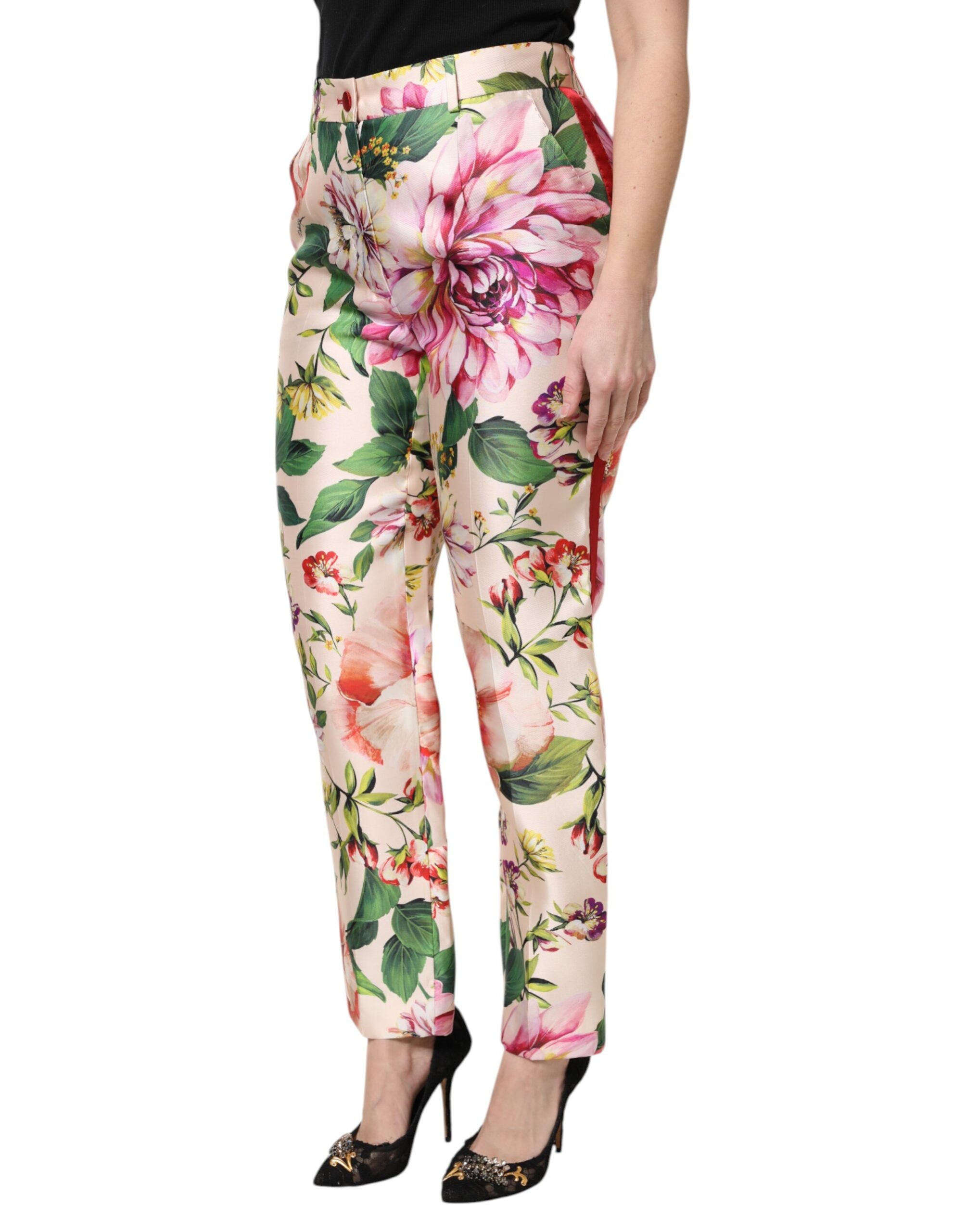 Pantalon droit à taille haute Dolce & Gabbana à fleurs multicolores, design élégant et coloré, en tissu léger.
