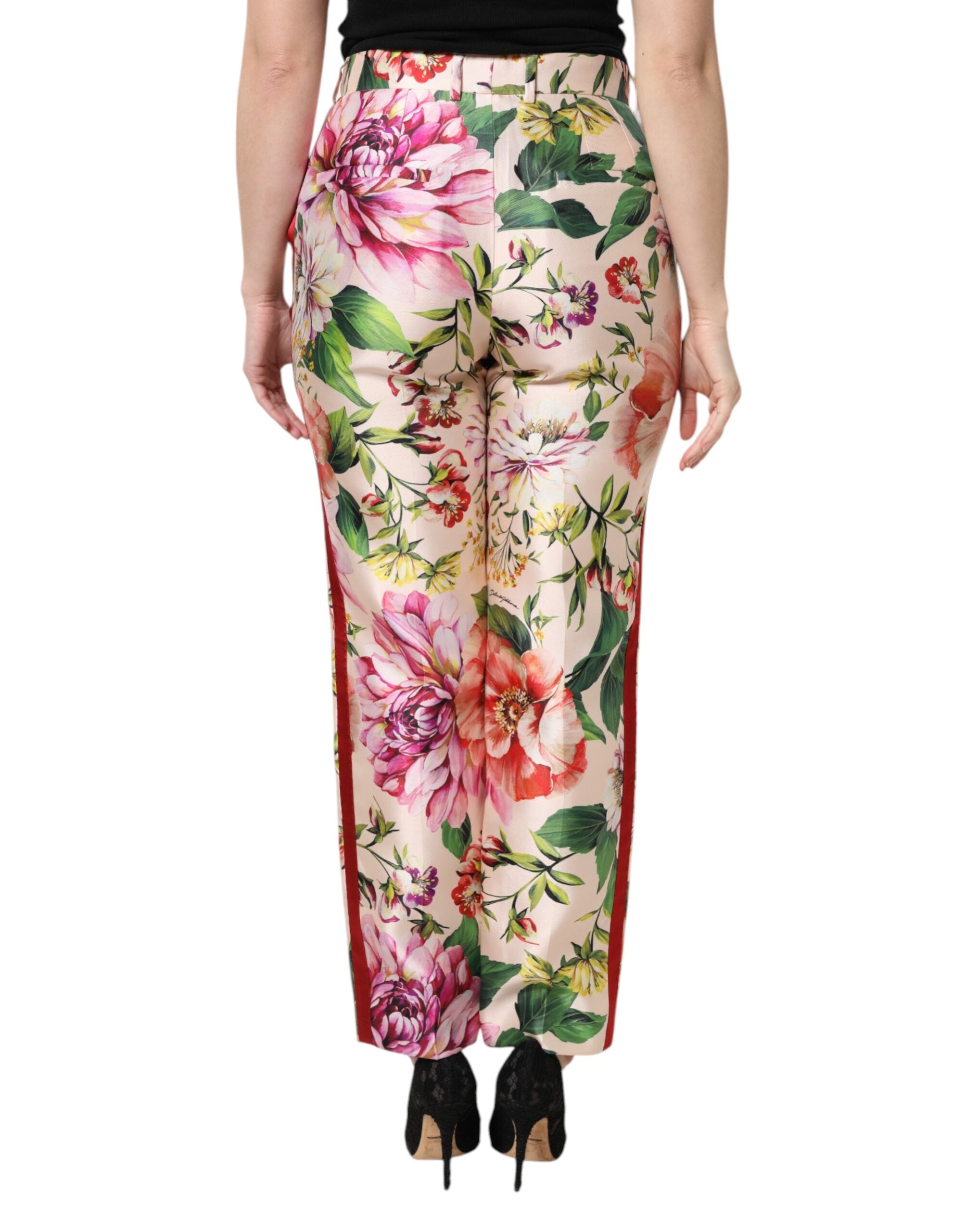 Pantalons droits à taille haute Dolce & Gabbana à motifs floraux multicolores, mode élégante pour femmes.