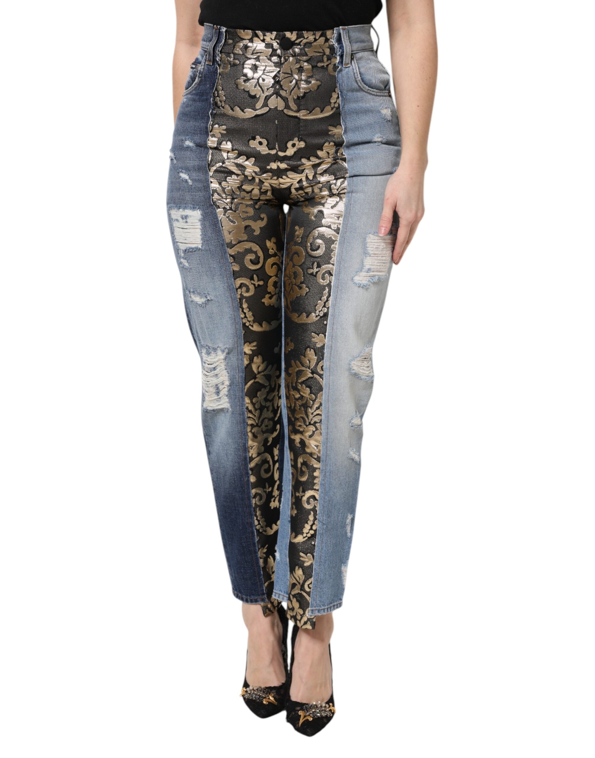 Jeans en denim à taille haute Dolce & Gabbana avec patchwork multicolore, détails tendance et style sophistiqué.