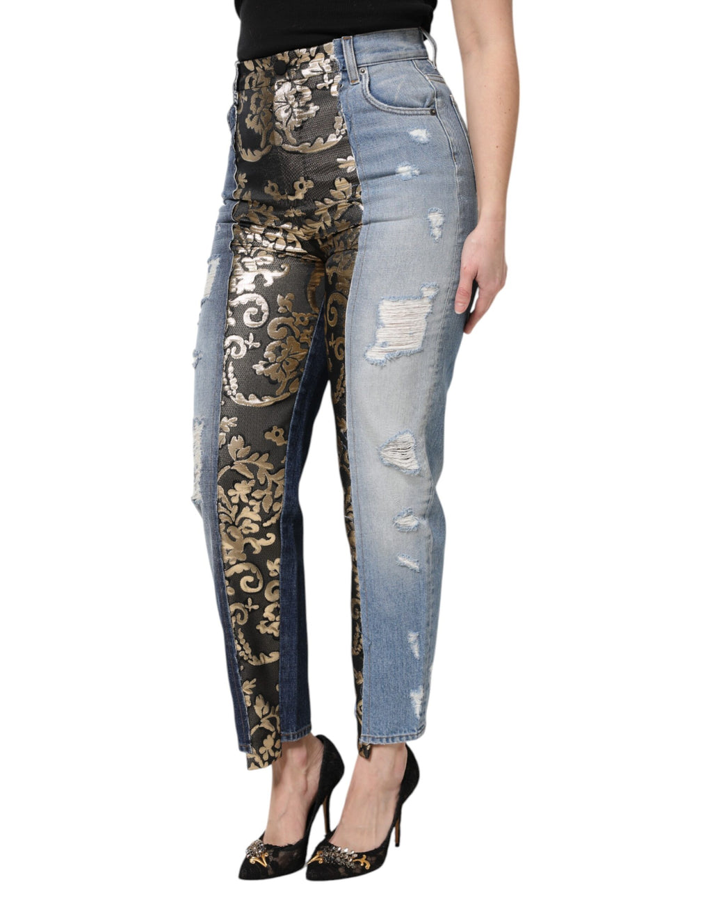 Jeans en jean à taille haute Dolce & Gabbana avec patchwork multicolore, design tendance et détails colorés visibles sur l'image.