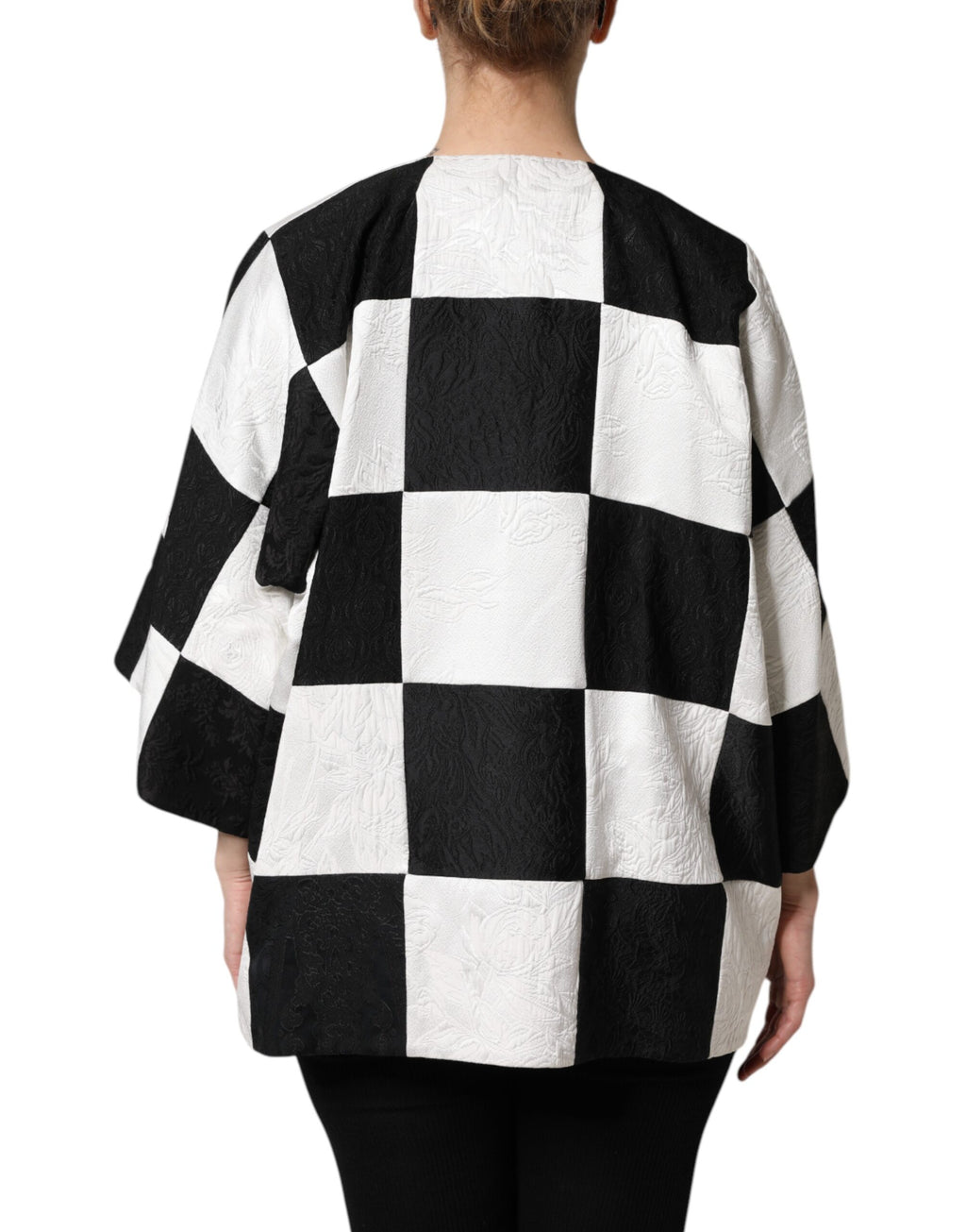 Veste blazer Dolce & Gabbana en jacquard blanc et noir avec patchwork élégant et détails sophistiqués.