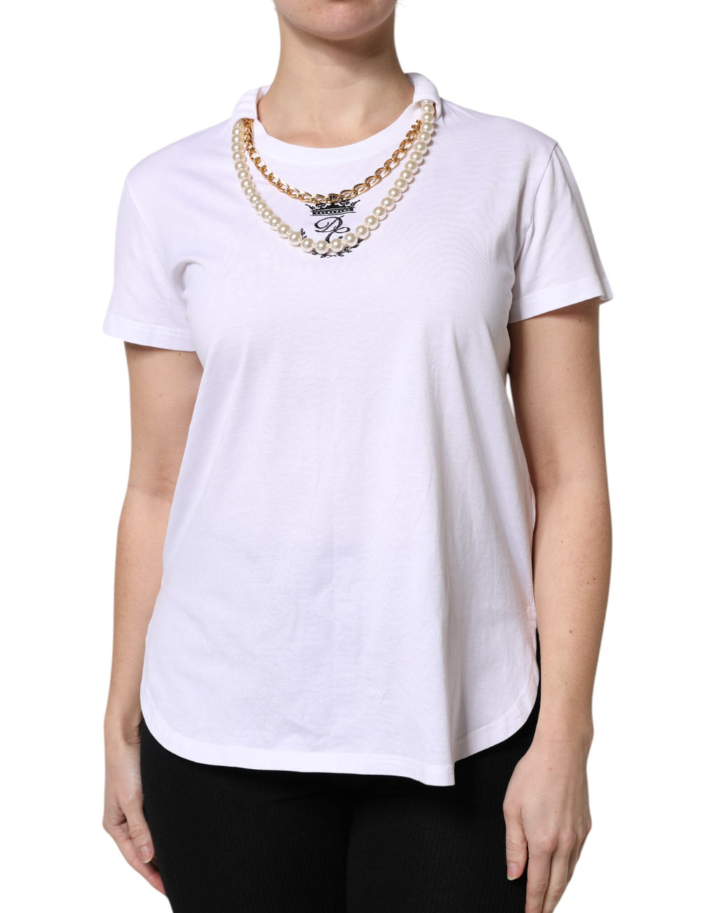 T-shirt blanche Dolce & Gabbana en coton avec chaîne en perles, col rond, style élégant et moderne.