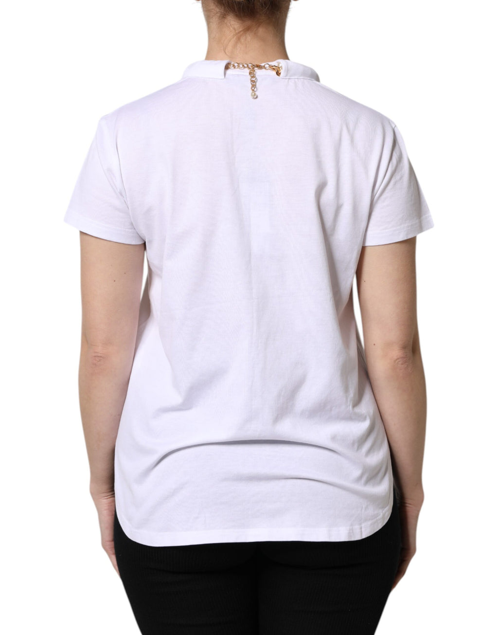 T-shirt blanche Dolce & Gabbana en coton avec chaîne perles, col rond, style élégant et décontracté.