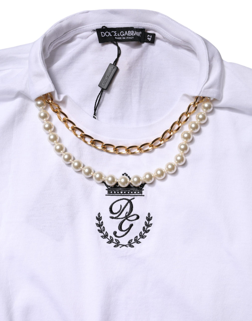 T-shirt blanche Dolce & Gabbana en coton avec chaîne en perles et col rond, vue de face.