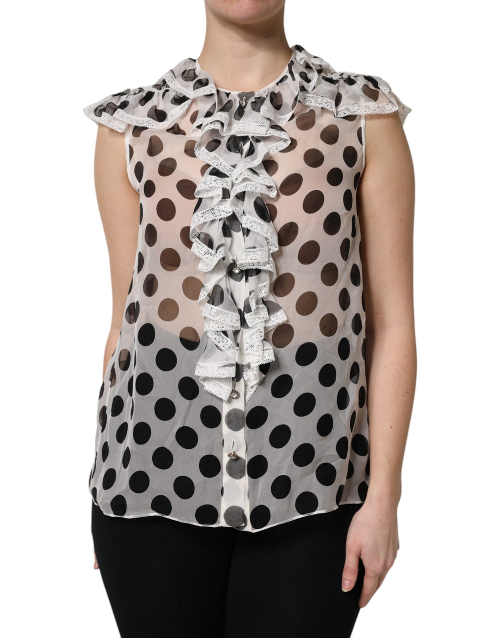 Haut sans manches en coton blanc et noir à pois de Dolce & Gabbana, style élégant et décontracté.