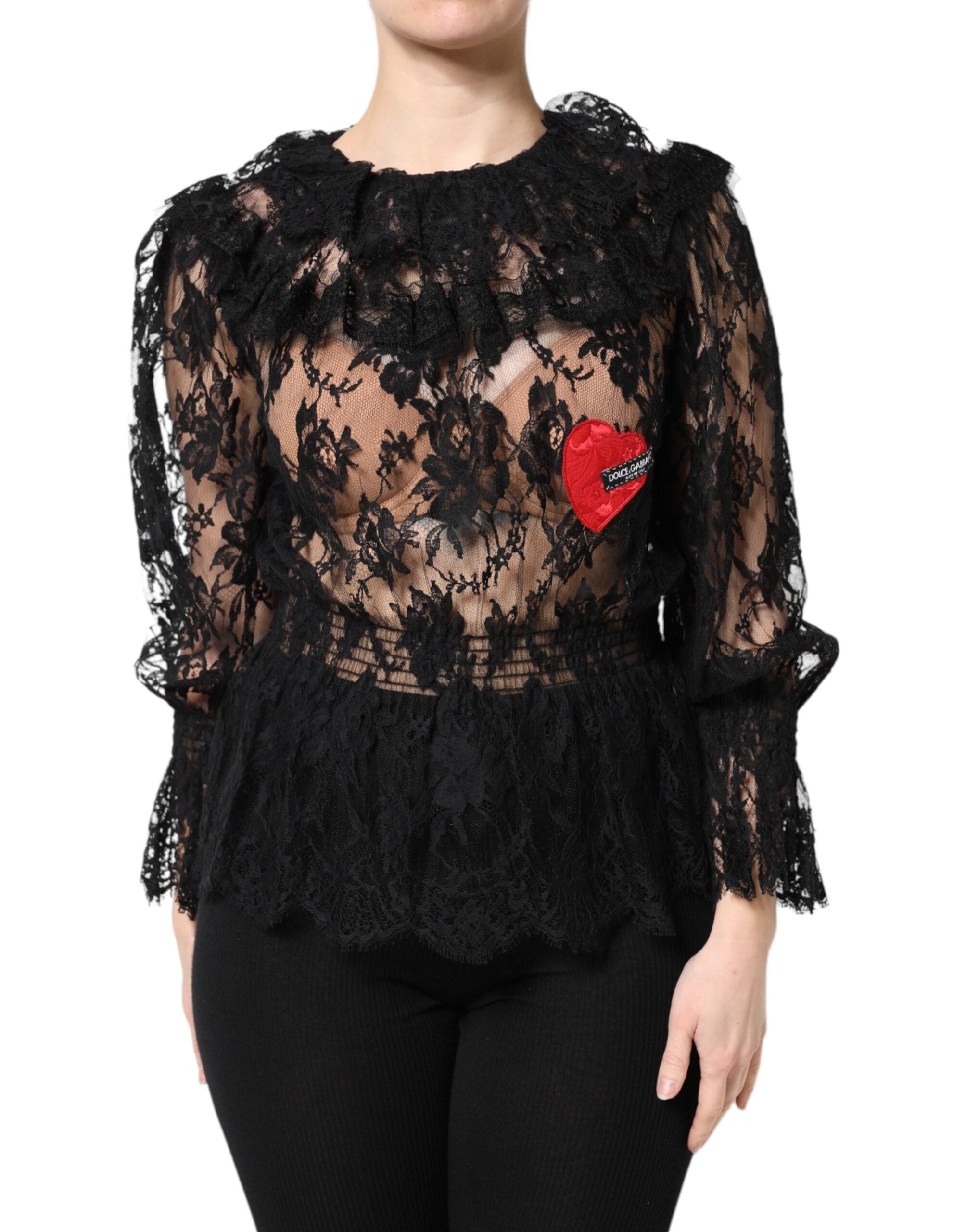 Blouse noire en coton avec dentelle florale pour femmes de Dolce & Gabbana, détails élégants et design sophistiqué.