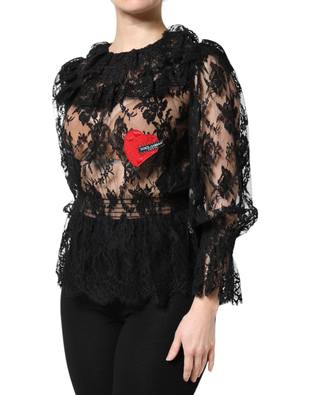 Blouse pour femme Dolce & Gabbana en coton noir avec broderie florale en dentelle, style élégant et féminin.