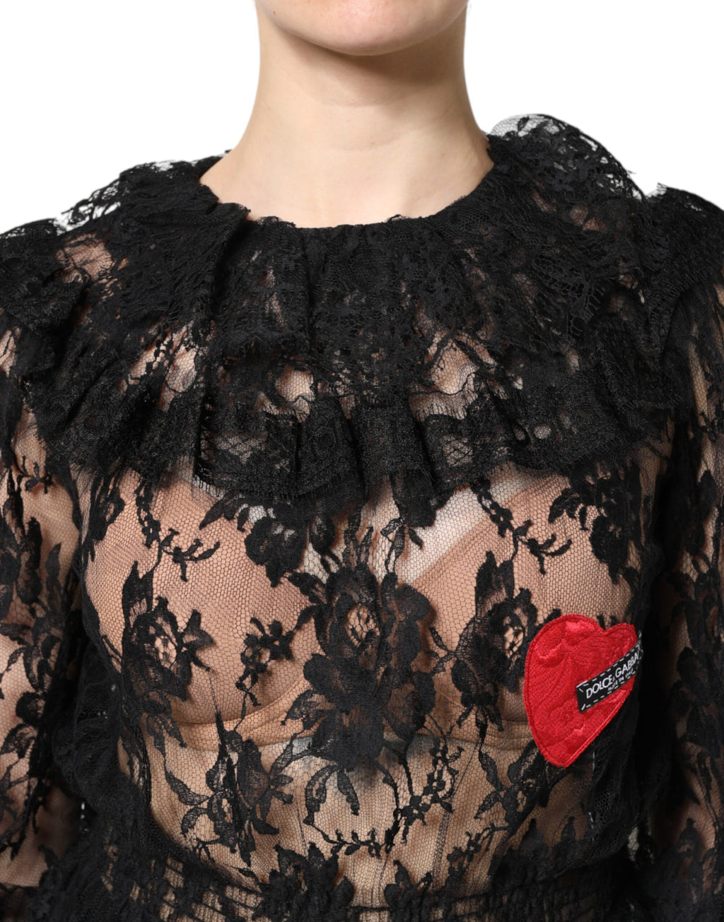 Chemisier pour femme Dolce & Gabbana en coton noir avec dentelle florale, élégant et féminin.