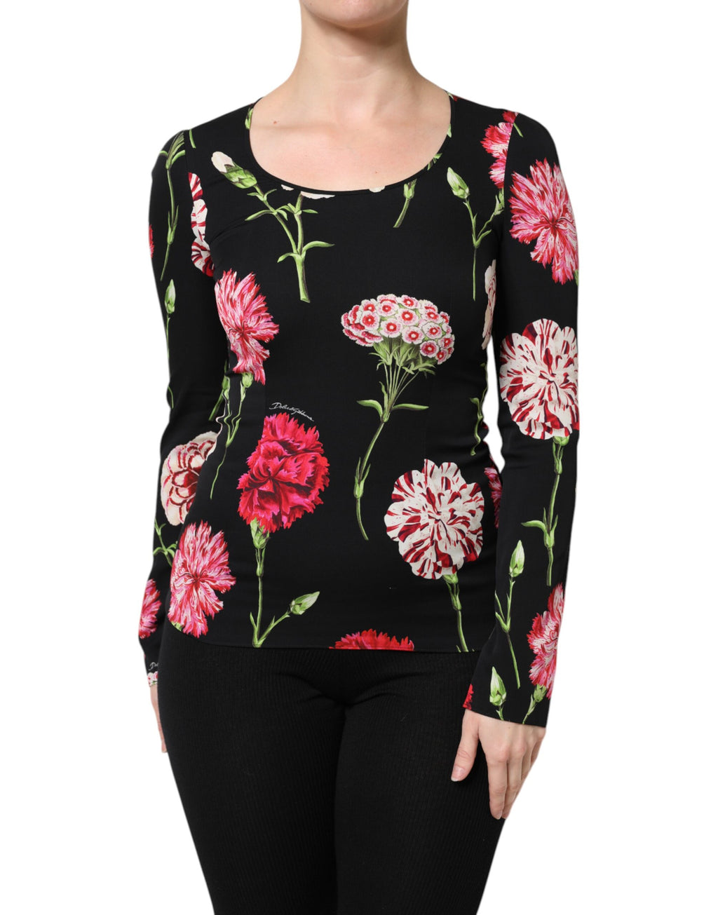 Blouse noire à fleurs à manches longues pour femmes de Dolce & Gabbana, tissu fluide et élégant.