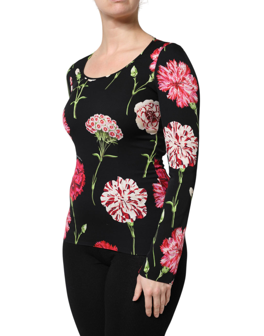 Chemisier noir à fleurs Dolce & Gabbana pour femme à manches longues, avec détails floraux élégants.