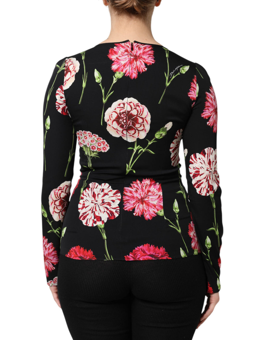 Chemisier noir à fleurs Dolce & Gabbana pour femmes à manches longues, détail élégant et tissu fluide.