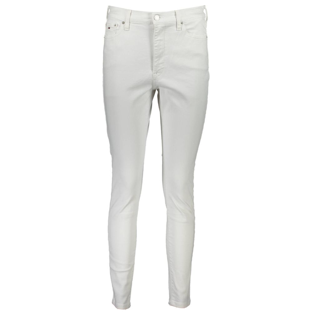 Jeans pour femmes Tommy Hilfiger en coton blanc, coupe classique, visibles sur l'image.